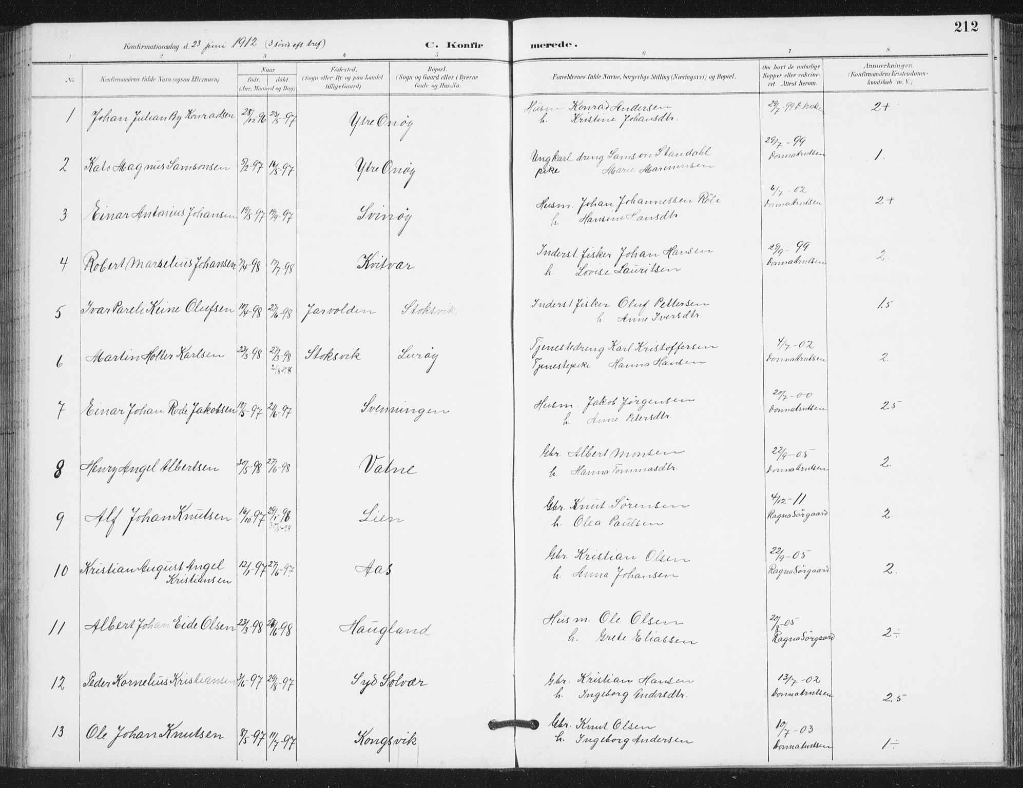 Ministerialprotokoller, klokkerbøker og fødselsregistre - Nordland, AV/SAT-A-1459/839/L0573: Parish register (copy) no. 839C03, 1892-1917, p. 212