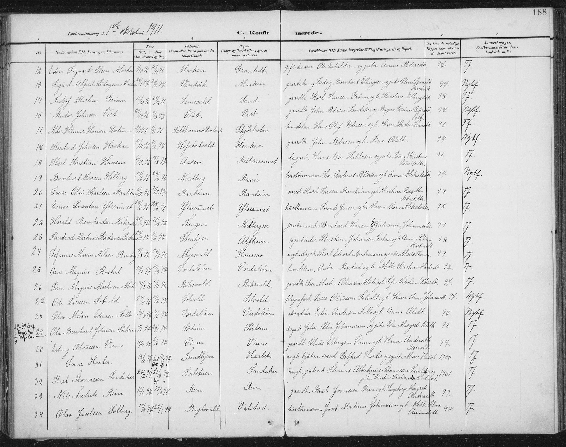 Ministerialprotokoller, klokkerbøker og fødselsregistre - Nord-Trøndelag, SAT/A-1458/723/L0246: Parish register (official) no. 723A15, 1900-1917, p. 188