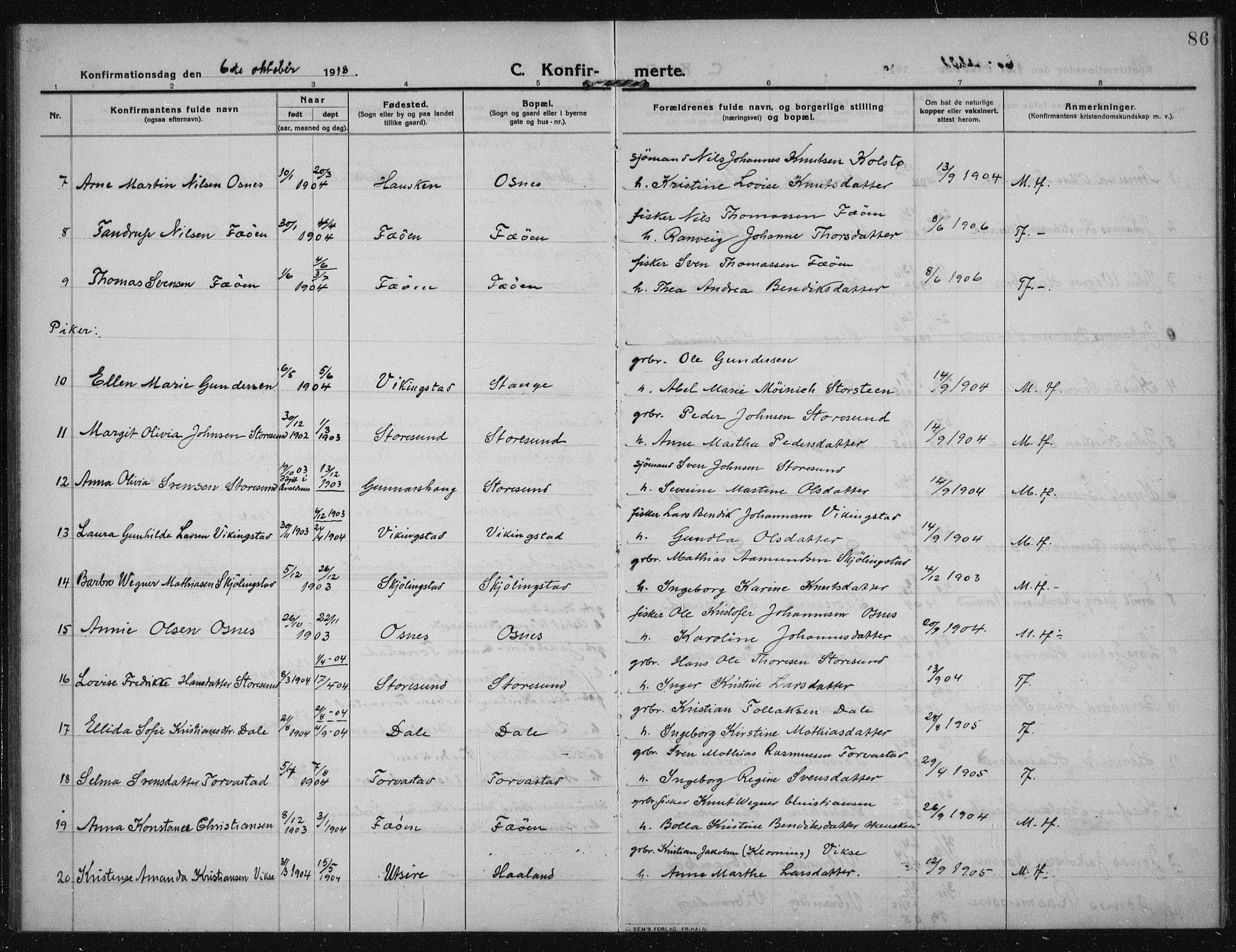 Torvastad sokneprestkontor, AV/SAST-A -101857/H/Ha/Haa/L0019: Parish register (official) no. A 18, 1912-1920, p. 86