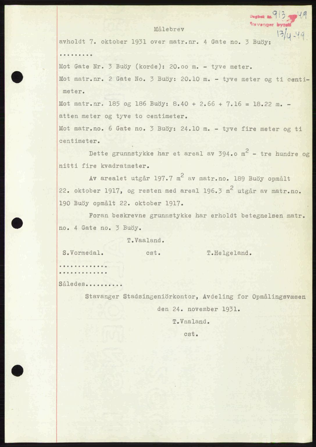 Stavanger byrett, SAST/A-100455/002/G/Gb/L0023: Mortgage book no. A12, 1948-1949, Diary no: : 913/1949