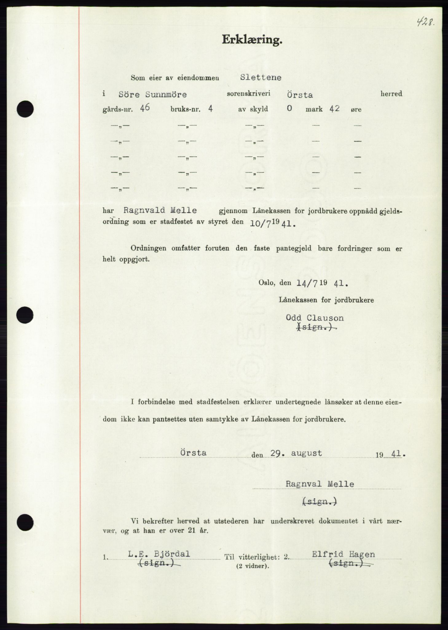 Søre Sunnmøre sorenskriveri, AV/SAT-A-4122/1/2/2C/L0071: Mortgage book no. 65, 1941-1941, Diary no: : 900/1941