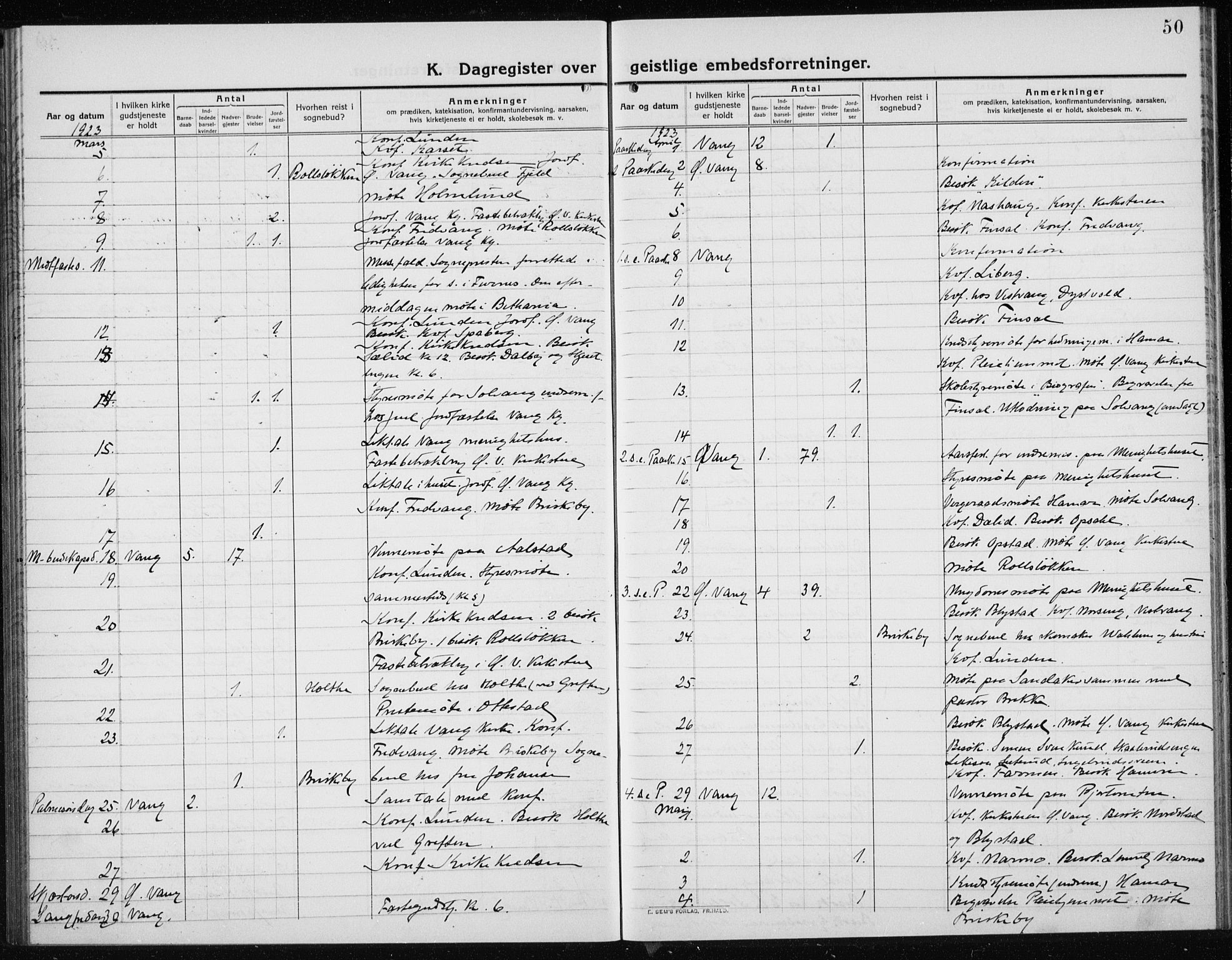 Vang prestekontor, Hedmark, AV/SAH-PREST-008/H/Ha/Haa/L0020: Parish register (official) no. 20, 1911-1926, p. 50