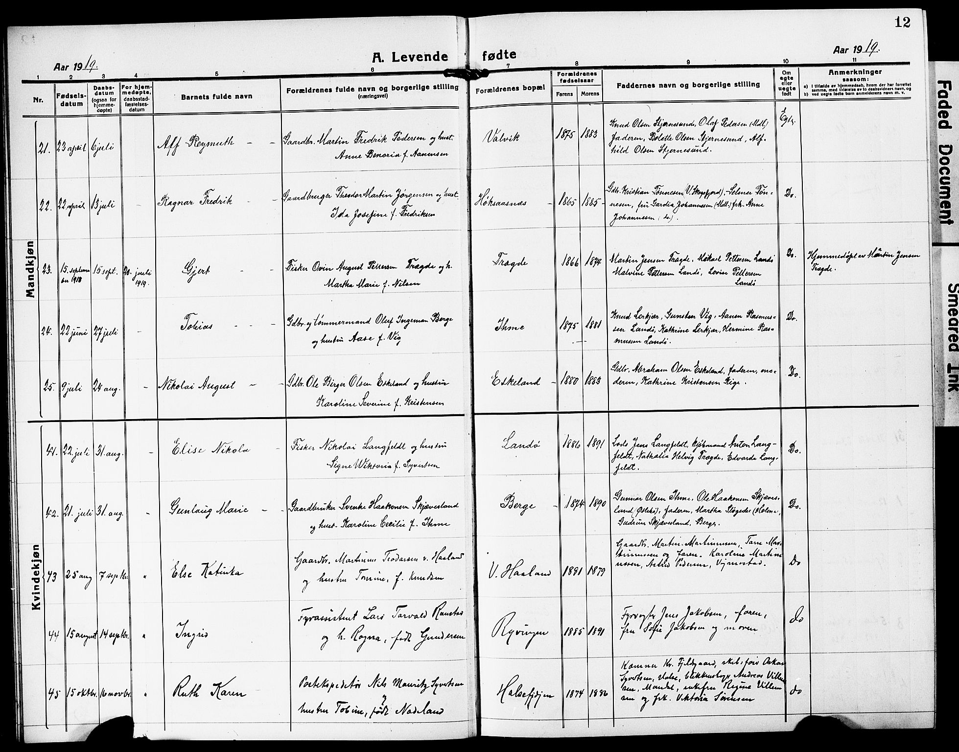 Mandal sokneprestkontor, SAK/1111-0030/F/Fb/Fba/L0013: Parish register (copy) no. B 7, 1918-1931, p. 12