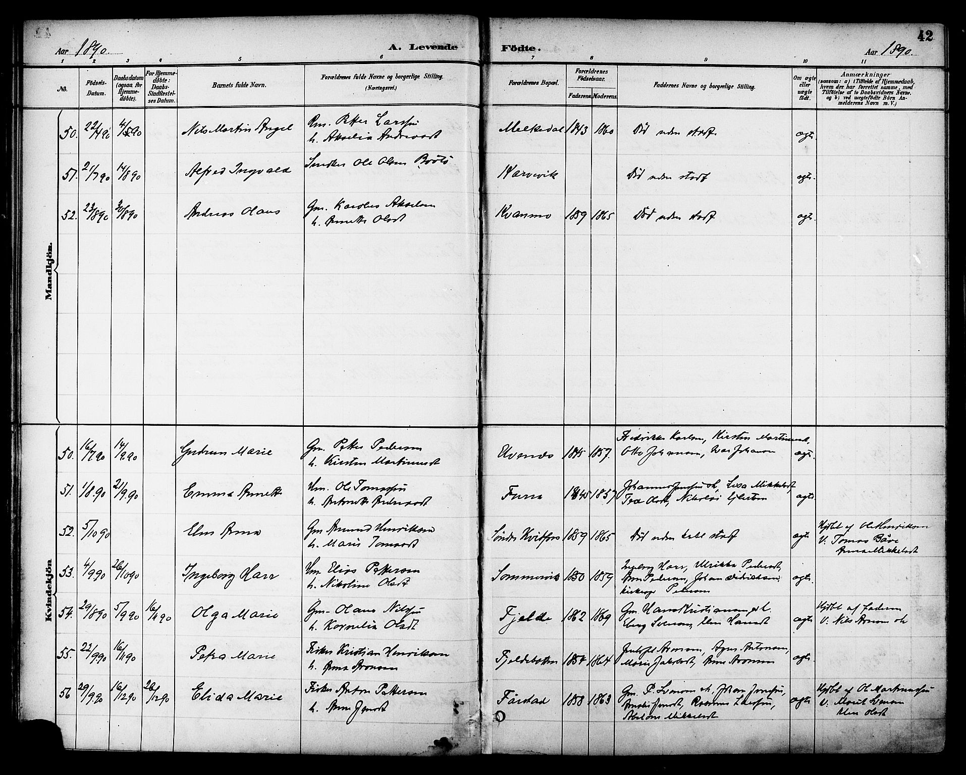 Ministerialprotokoller, klokkerbøker og fødselsregistre - Nordland, SAT/A-1459/863/L0898: Parish register (official) no. 863A10, 1886-1897, p. 42