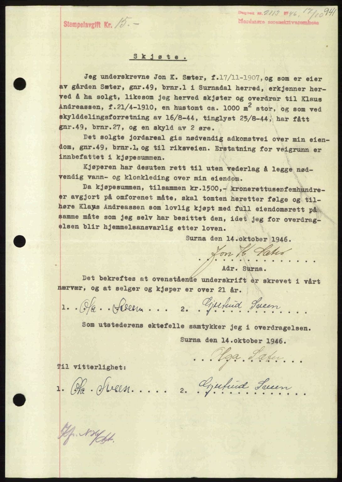 Nordmøre sorenskriveri, AV/SAT-A-4132/1/2/2Ca: Mortgage book no. A102, 1946-1946, Diary no: : 2113/1946