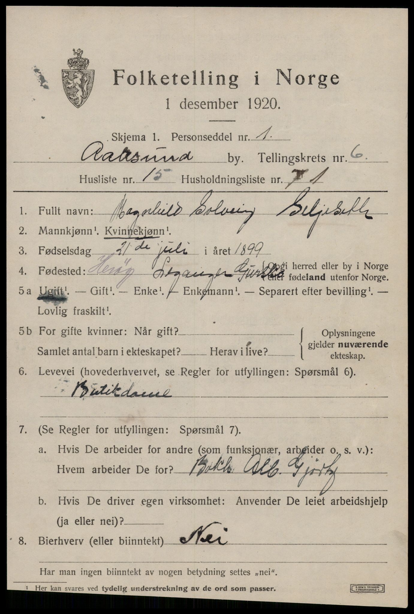 SAT, 1920 census for Ålesund, 1920, p. 18084