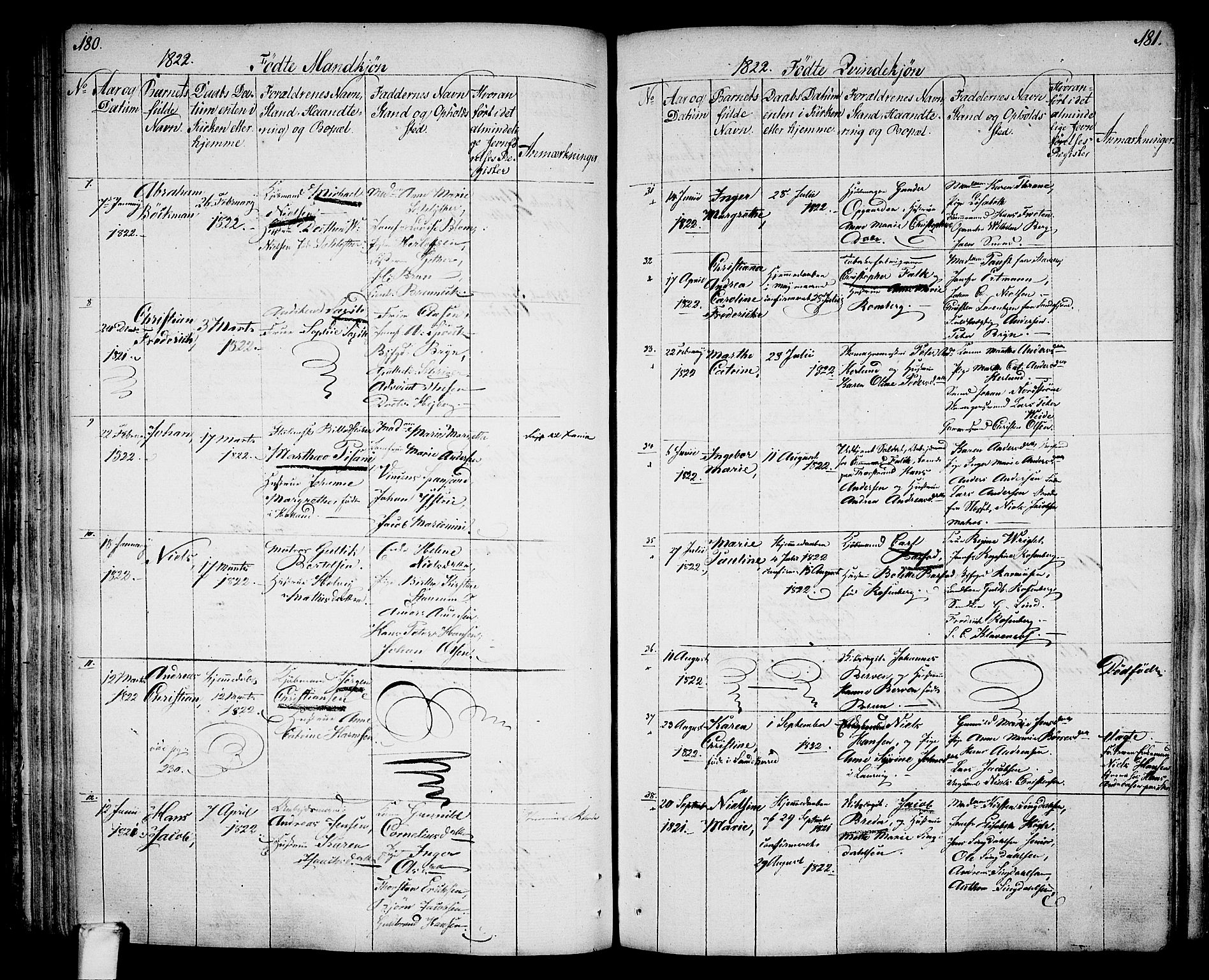 Larvik kirkebøker, AV/SAKO-A-352/G/Ga/L0002: Parish register (copy) no. I 2, 1807-1830, p. 180-181