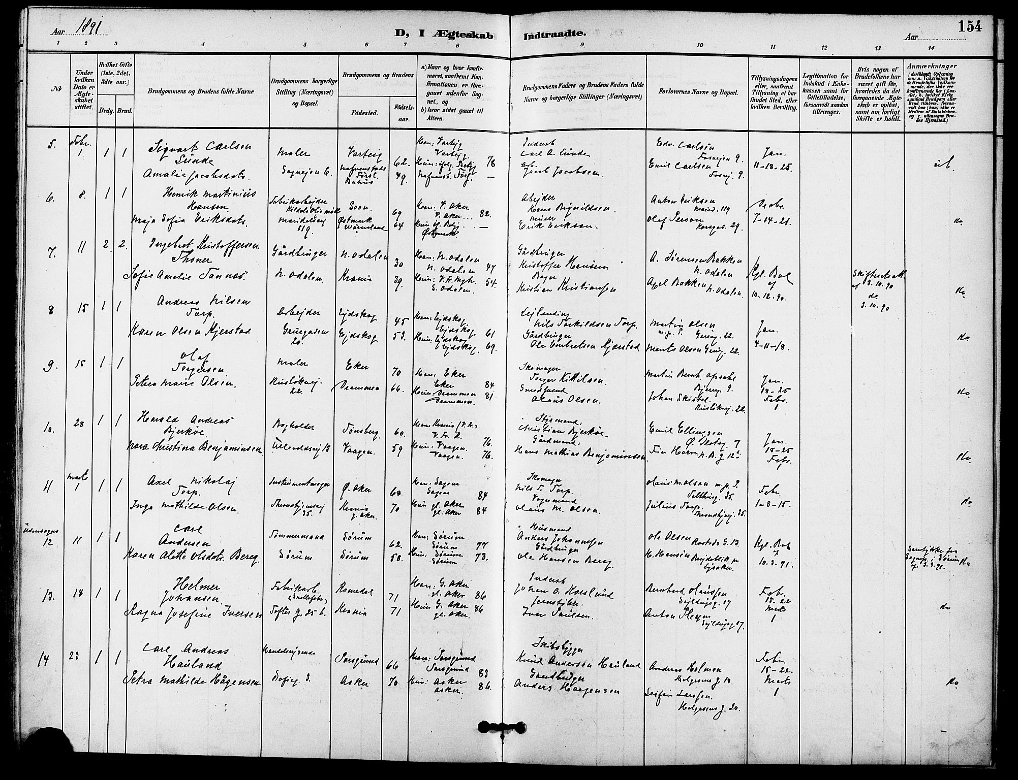 Gamle Aker prestekontor Kirkebøker, SAO/A-10617a/F/L0009: Parish register (official) no. 9, 1890-1898, p. 154