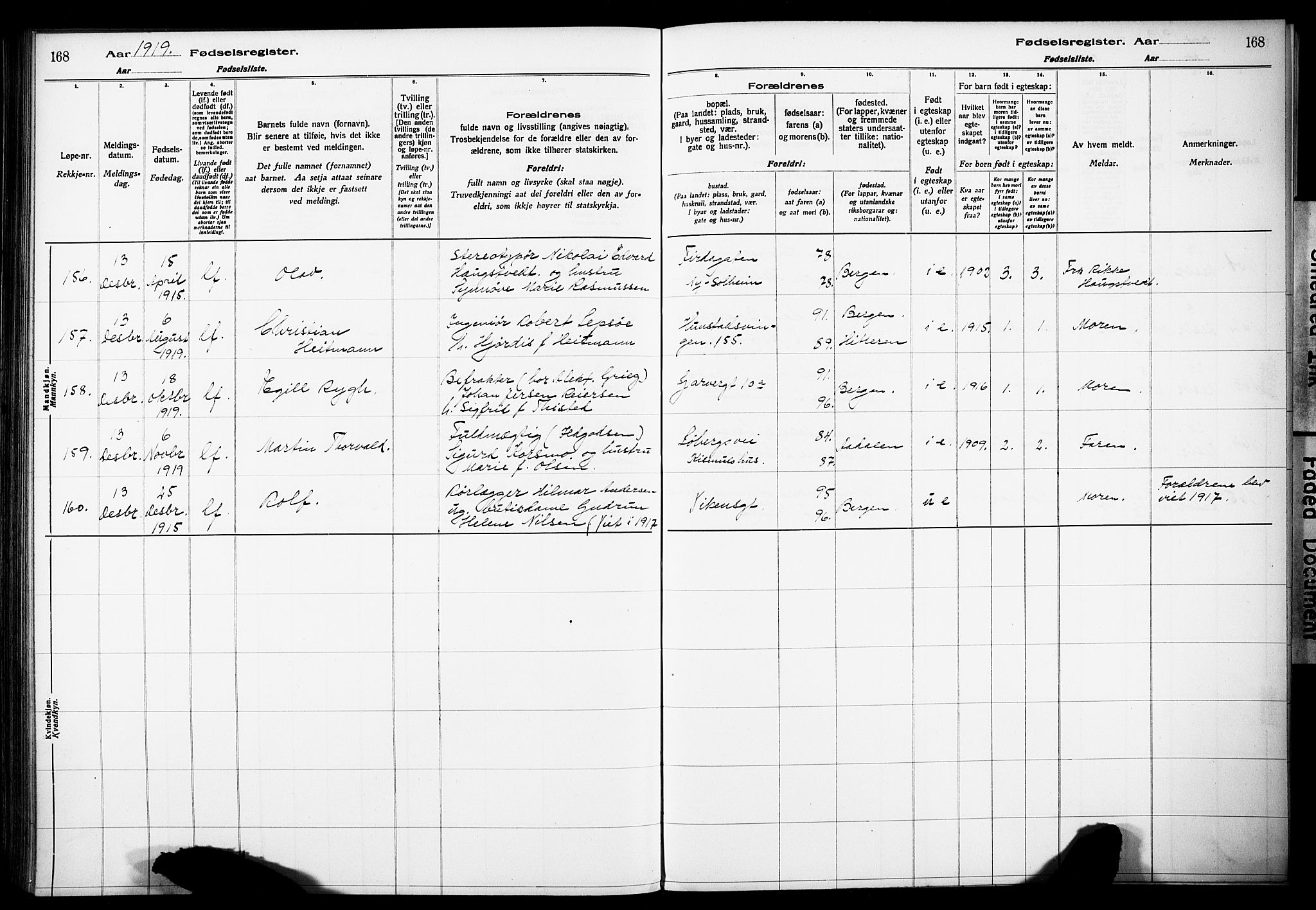 Årstad Sokneprestembete, AV/SAB-A-79301/I/Id/L0A01: Birth register no. A 1, 1916-1920, p. 168