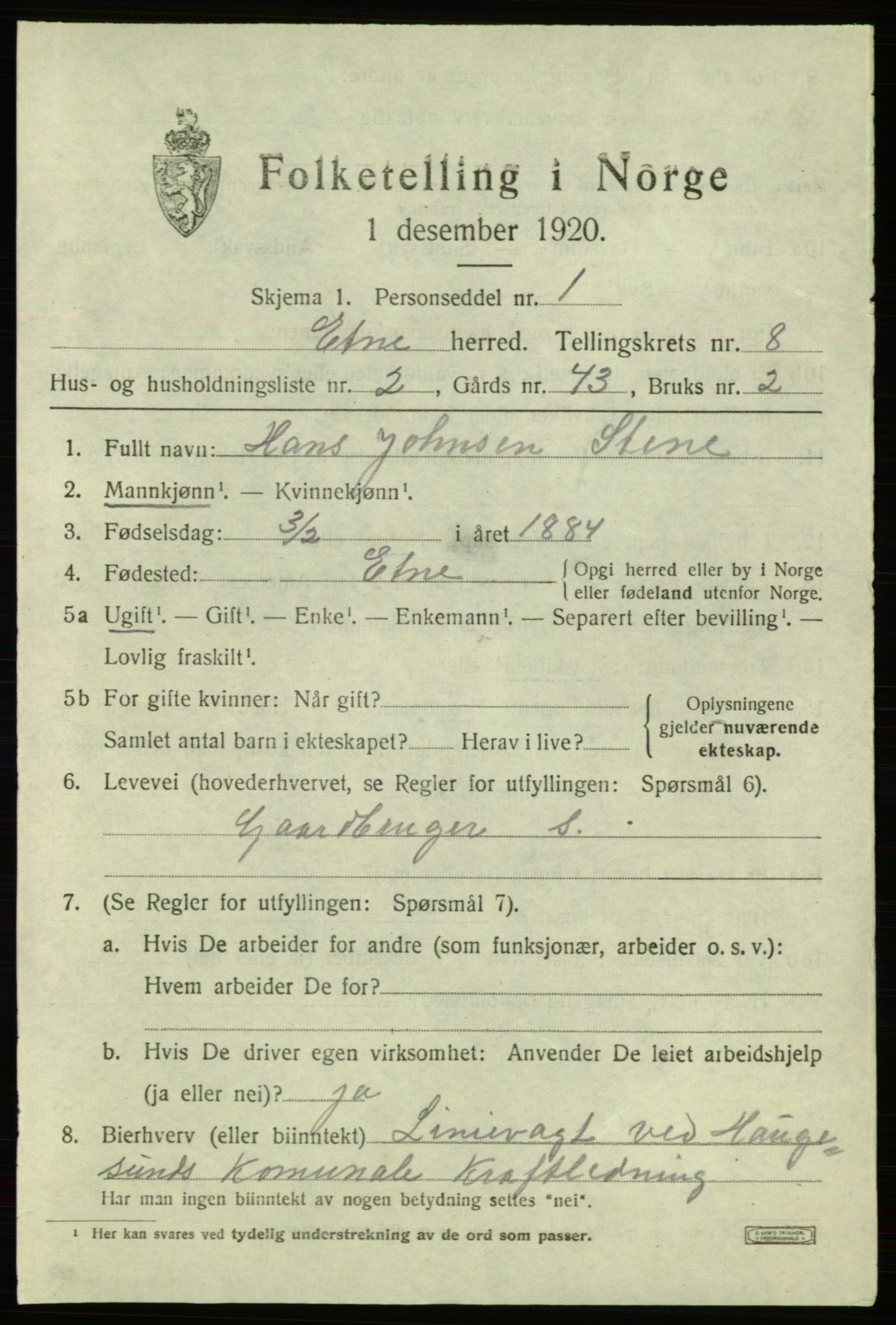 SAB, 1920 census for Etne, 1920, p. 3389