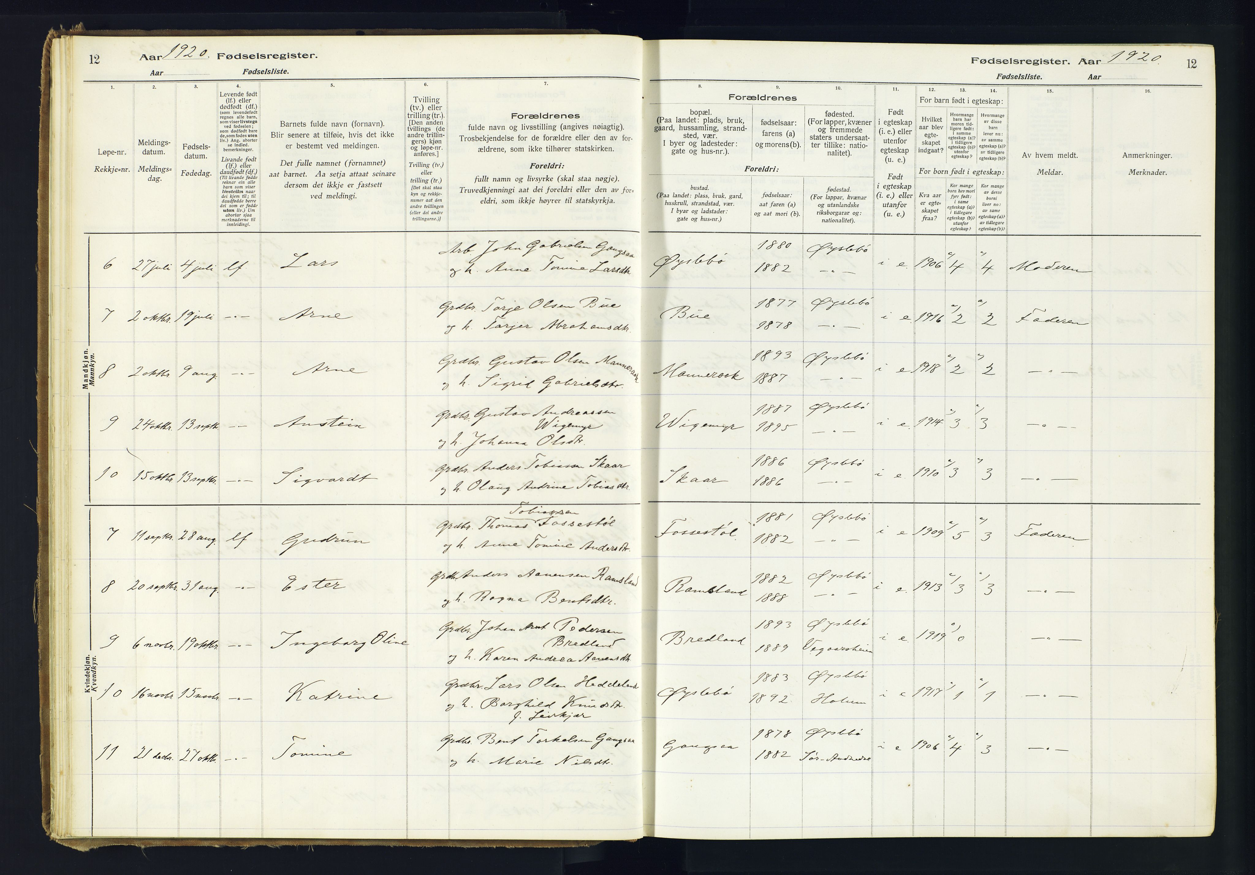 Holum sokneprestkontor, AV/SAK-1111-0022/J/Ja/L0002: Birth register no. II.6.11, 1916-1982, p. 12