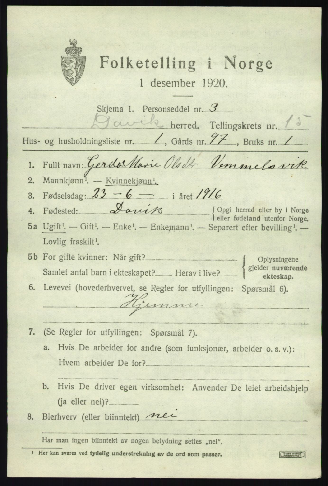 SAB, 1920 census for Davik, 1920, p. 6835