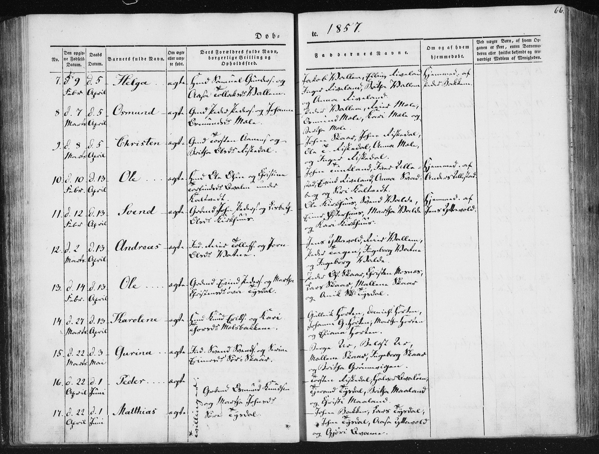 Hjelmeland sokneprestkontor, AV/SAST-A-101843/01/IV/L0008: Parish register (official) no. A 8, 1842-1861, p. 66