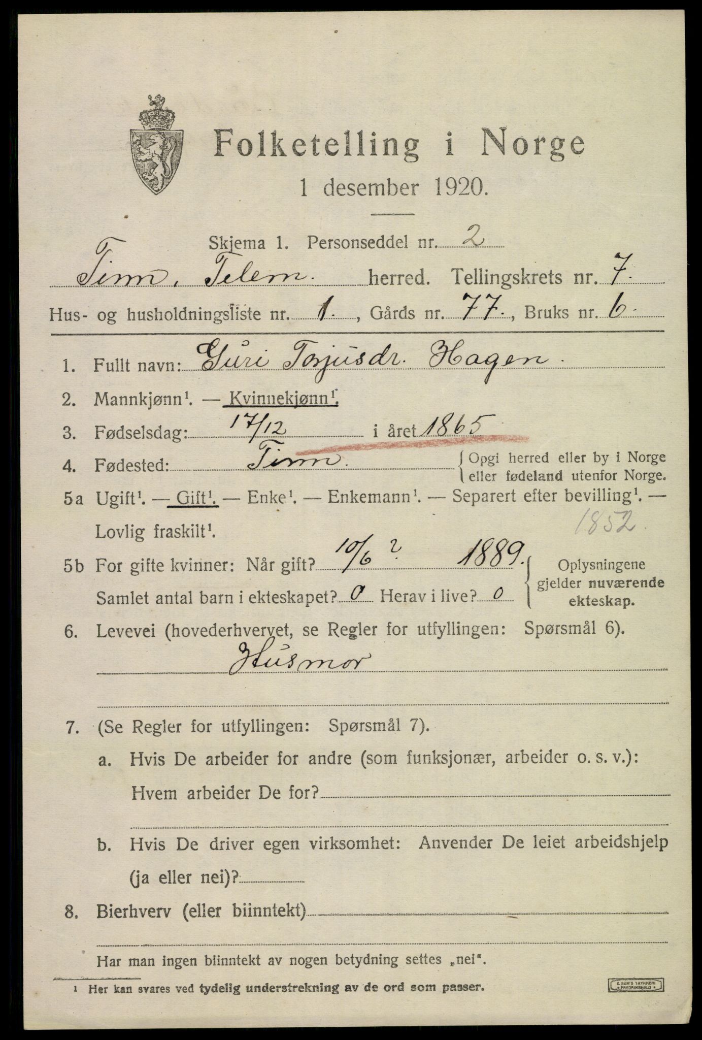 SAKO, 1920 census for Tinn, 1920, p. 4864