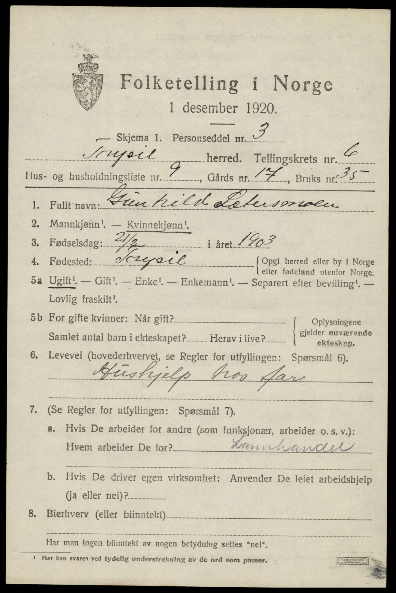 SAH, 1920 census for Trysil, 1920, p. 4639