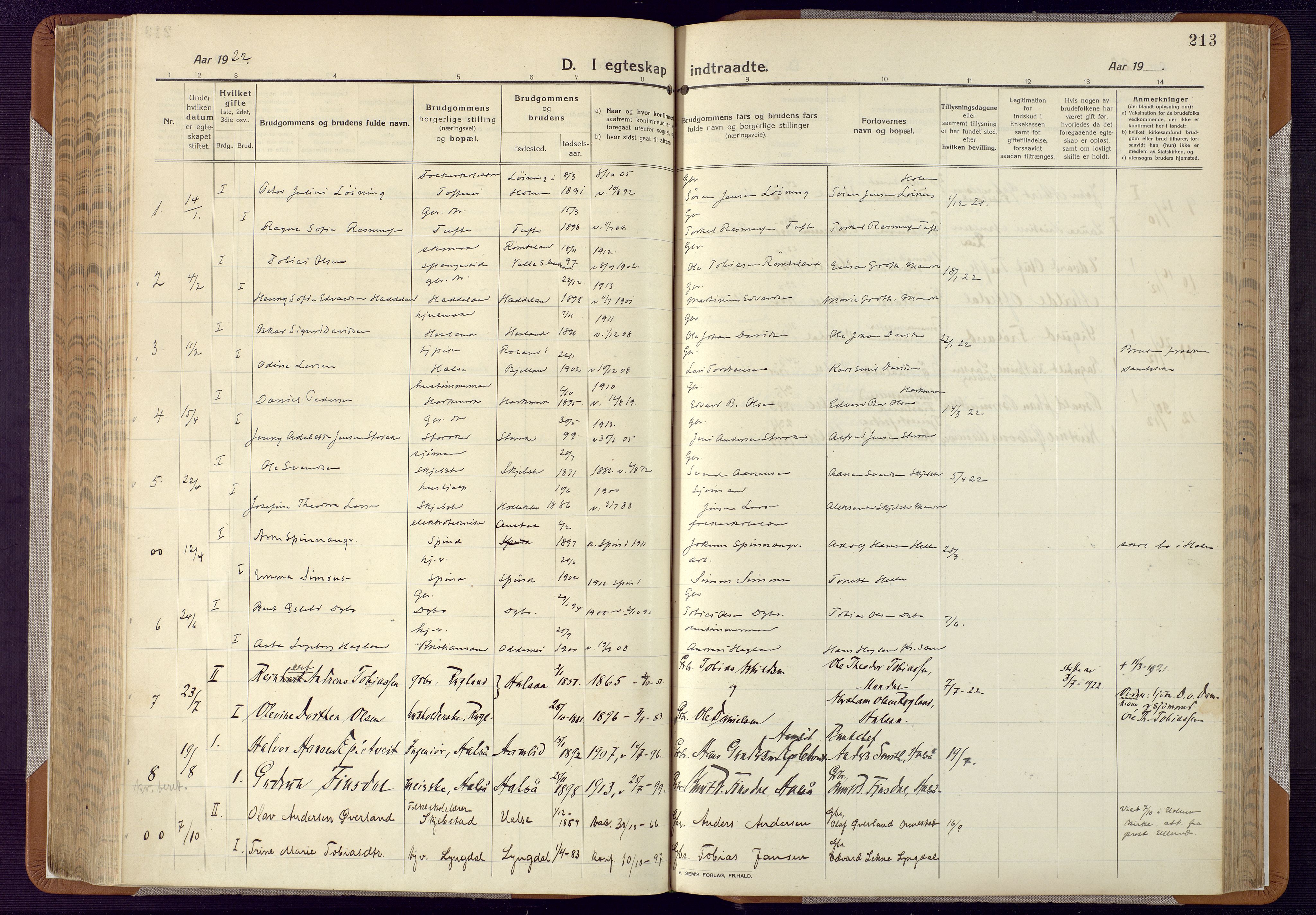 Mandal sokneprestkontor, SAK/1111-0030/F/Fa/Faa/L0022: Parish register (official) no. A 22, 1913-1925, p. 213