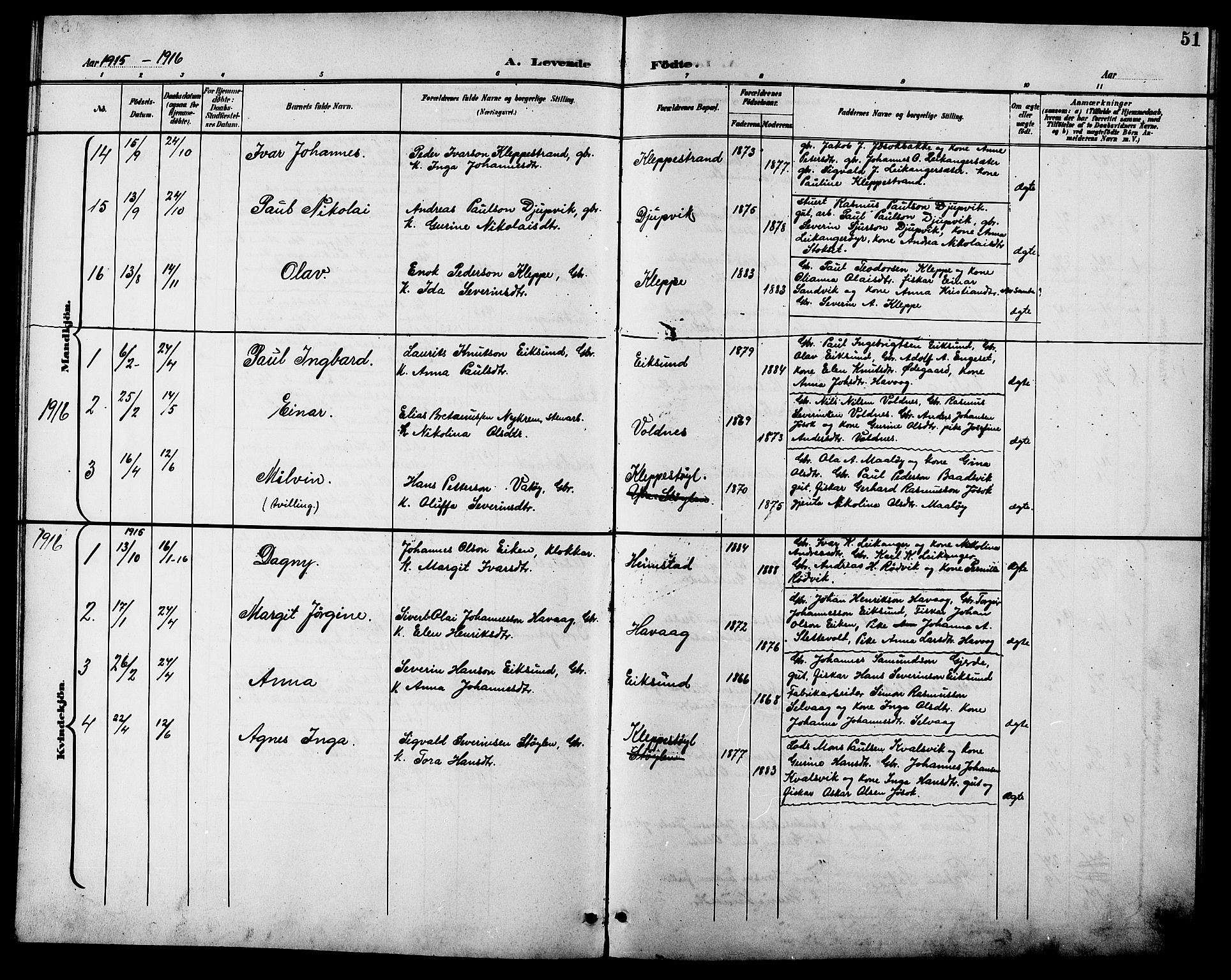 Ministerialprotokoller, klokkerbøker og fødselsregistre - Møre og Romsdal, AV/SAT-A-1454/508/L0098: Parish register (copy) no. 508C02, 1898-1916, p. 51