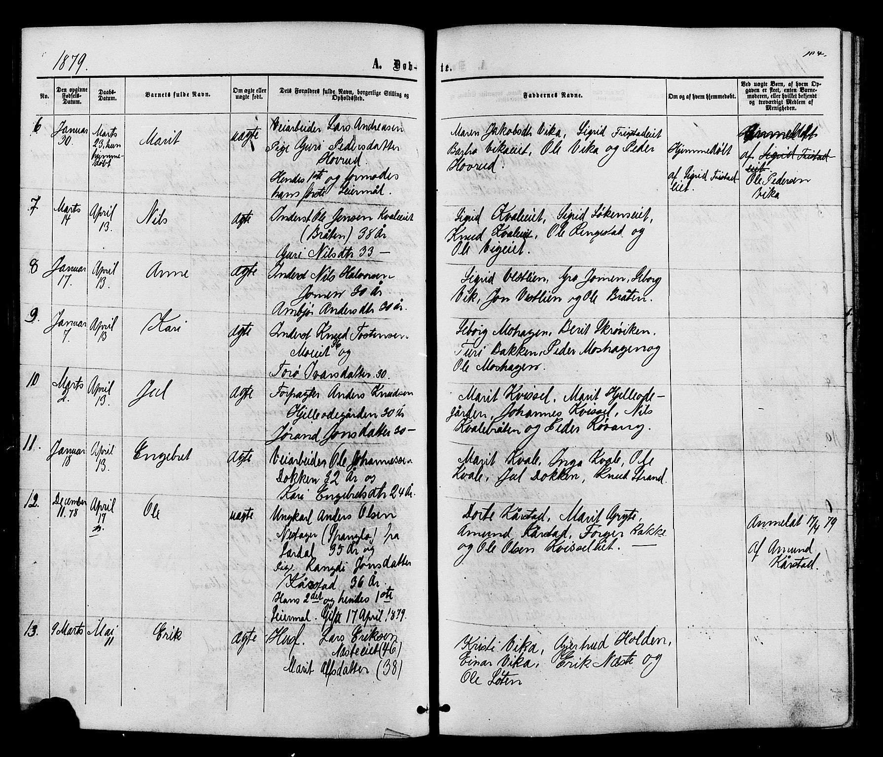 Vestre Slidre prestekontor, SAH/PREST-136/H/Ha/Haa/L0003: Parish register (official) no. 3, 1865-1880, p. 104