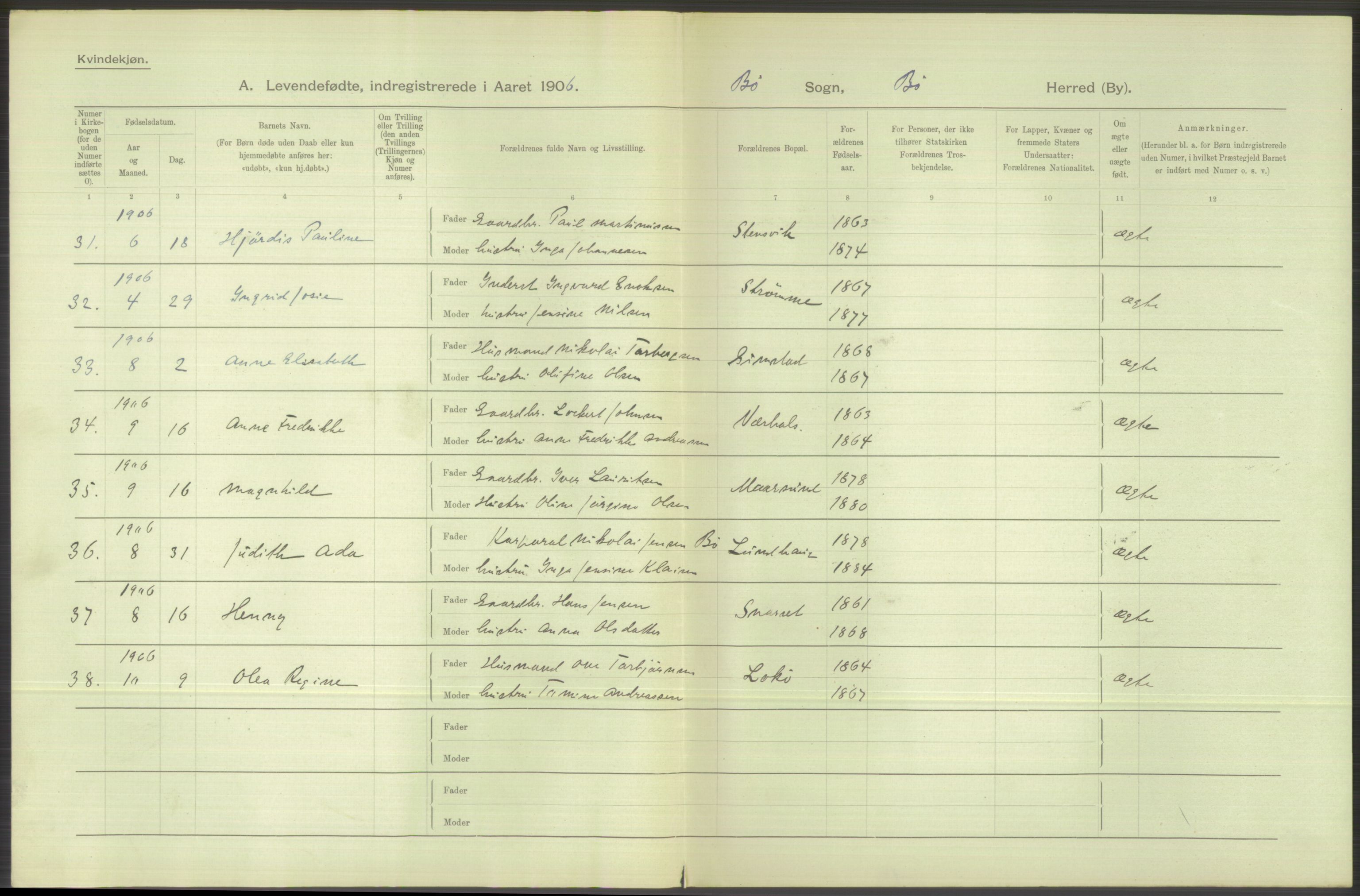 Statistisk sentralbyrå, Sosiodemografiske emner, Befolkning, AV/RA-S-2228/D/Df/Dfa/Dfad/L0044: Nordlands amt: Levendefødte menn og kvinner. Bygder., 1906, p. 62