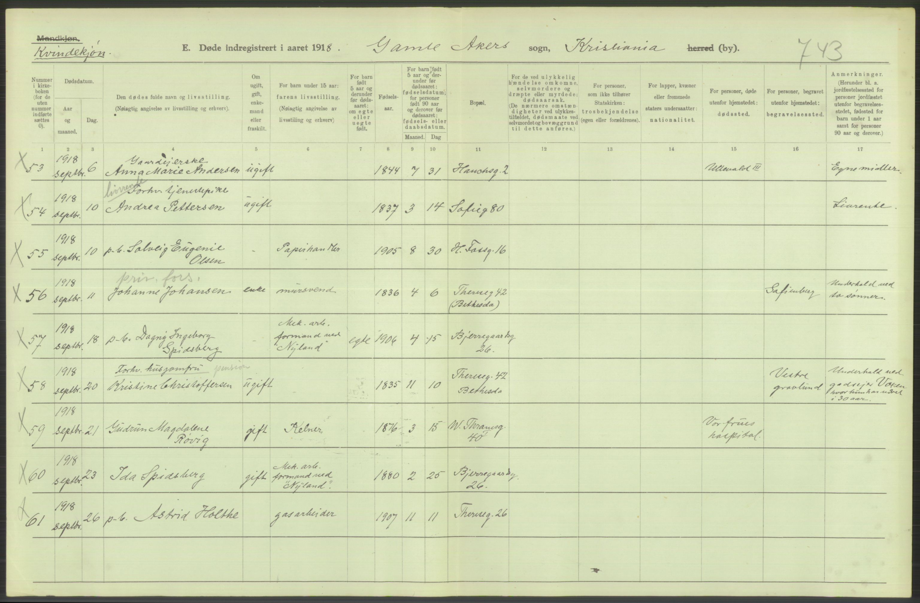 Statistisk sentralbyrå, Sosiodemografiske emner, Befolkning, AV/RA-S-2228/D/Df/Dfb/Dfbh/L0010: Kristiania: Døde, 1918, p. 358