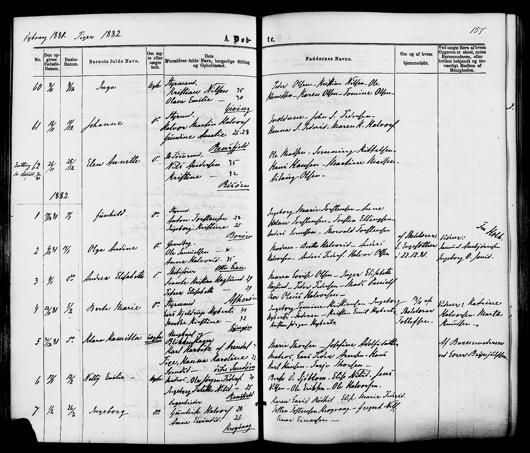 Dypvåg sokneprestkontor, SAK/1111-0007/F/Fa/Faa/L0007: Parish register (official) no. A 7/ 1, 1872-1884, p. 157