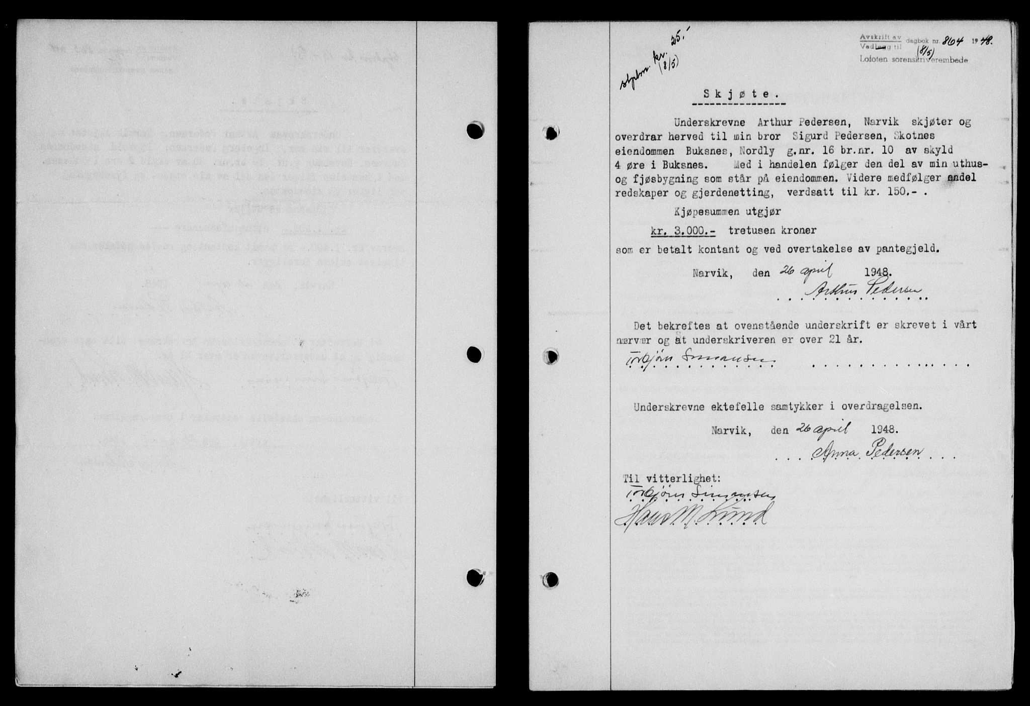Lofoten sorenskriveri, SAT/A-0017/1/2/2C/L0018a: Mortgage book no. 18a, 1948-1948, Diary no: : 864/1948