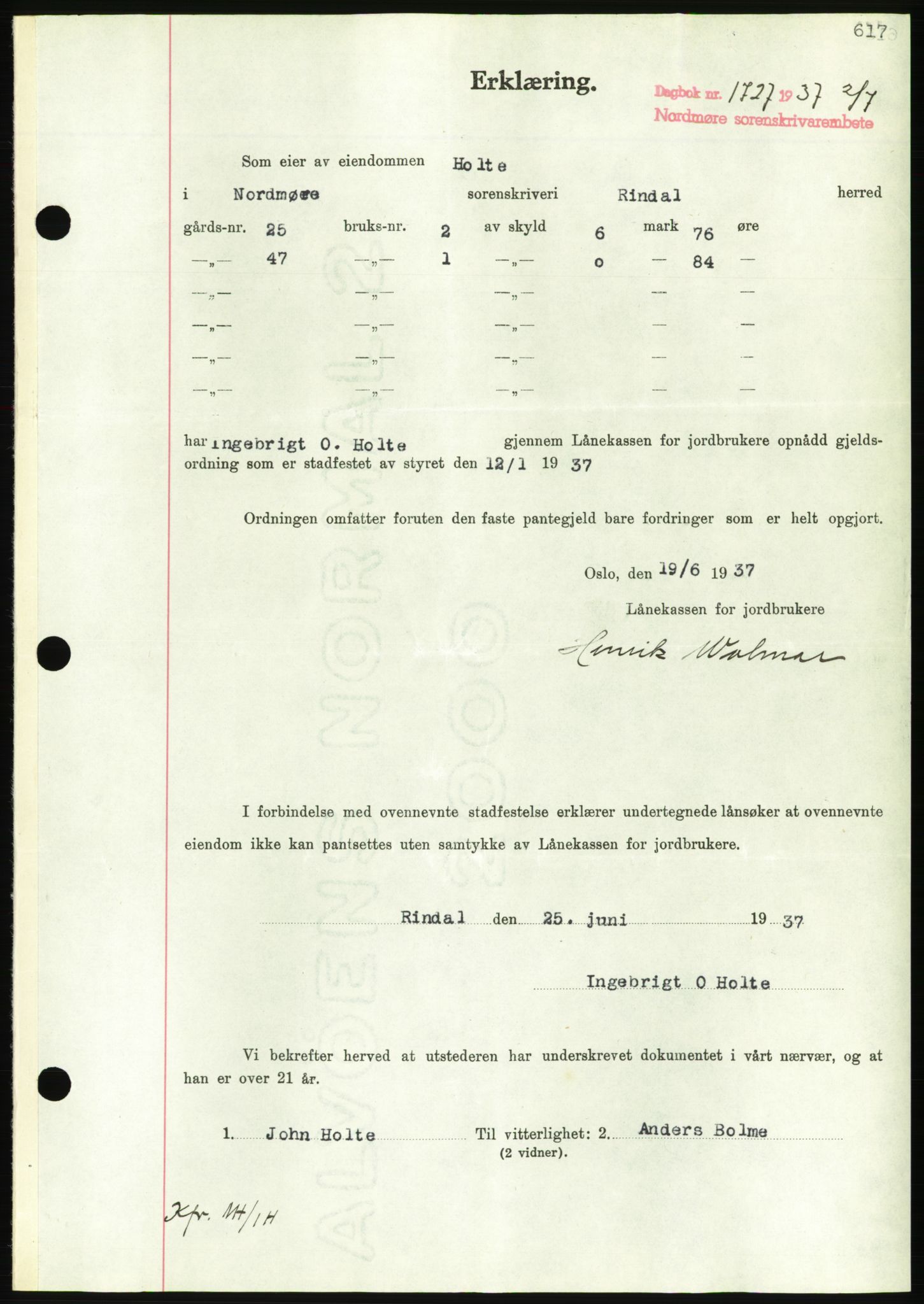 Nordmøre sorenskriveri, AV/SAT-A-4132/1/2/2Ca/L0091: Mortgage book no. B81, 1937-1937, Diary no: : 1727/1937