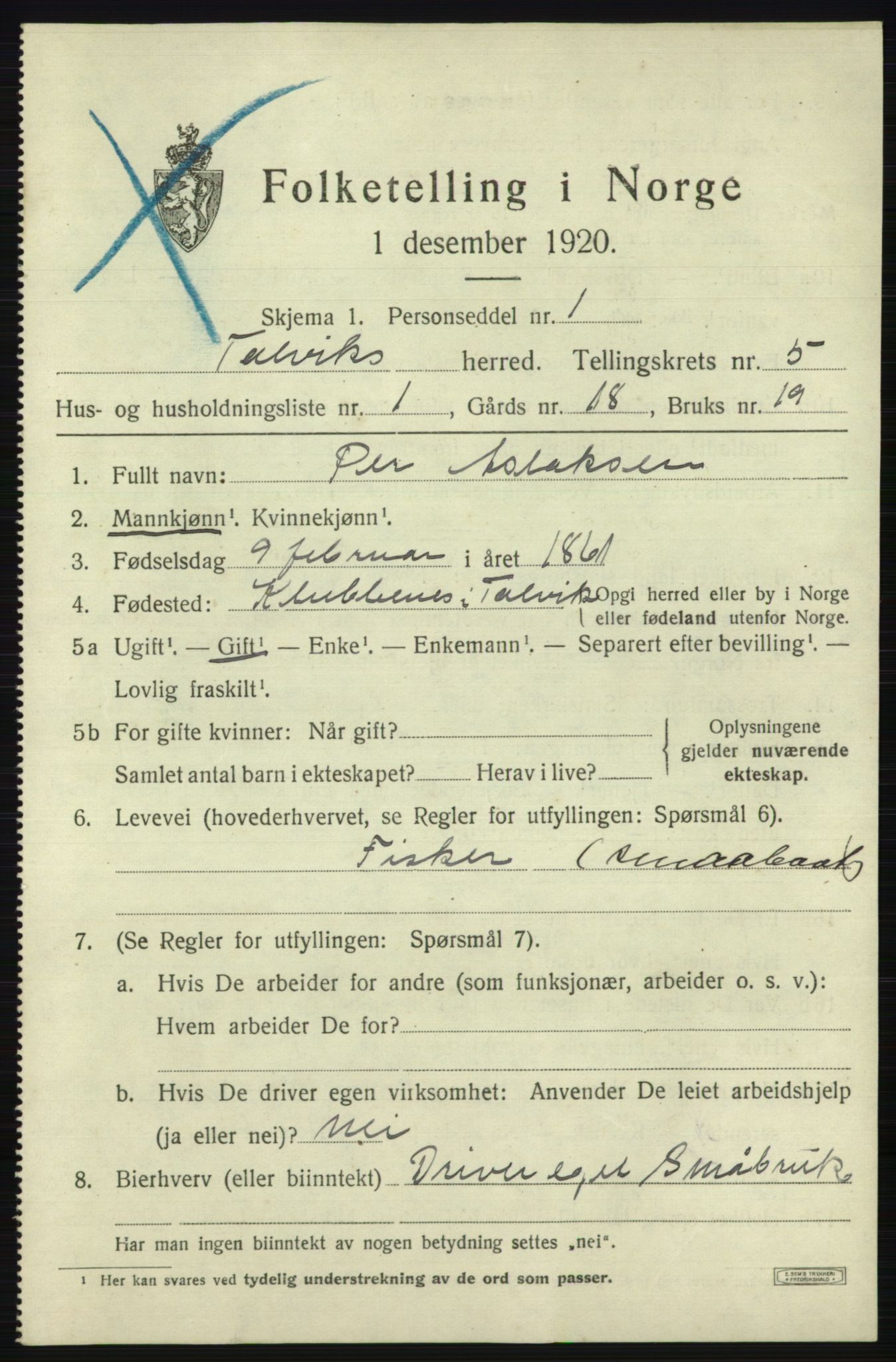 SATØ, 1920 census for Talvik, 1920, p. 3446