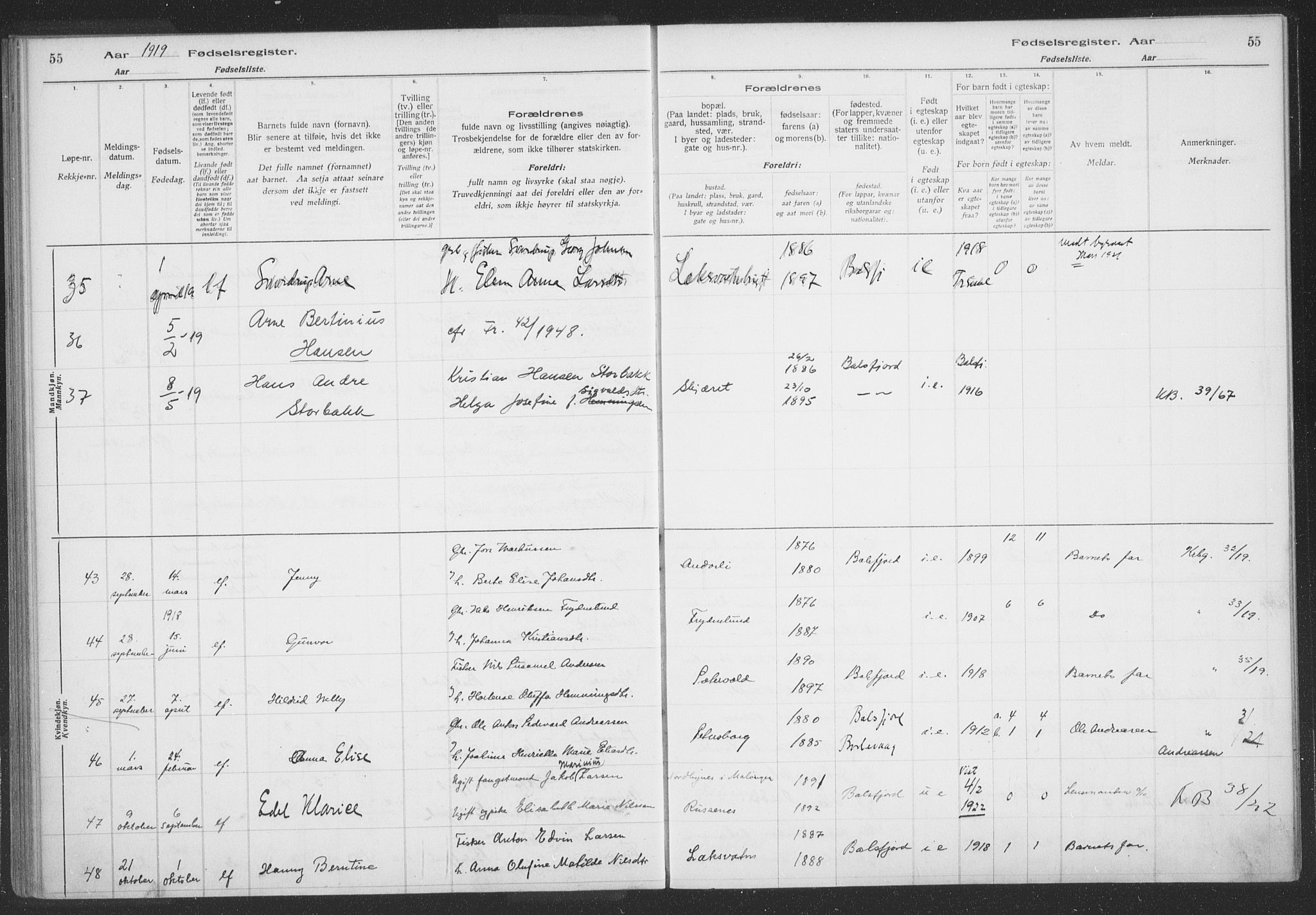 Balsfjord sokneprestembete, SATØ/S-1303/H/Hb/L0059: Birth register no. 59, 1916-1930, p. 55