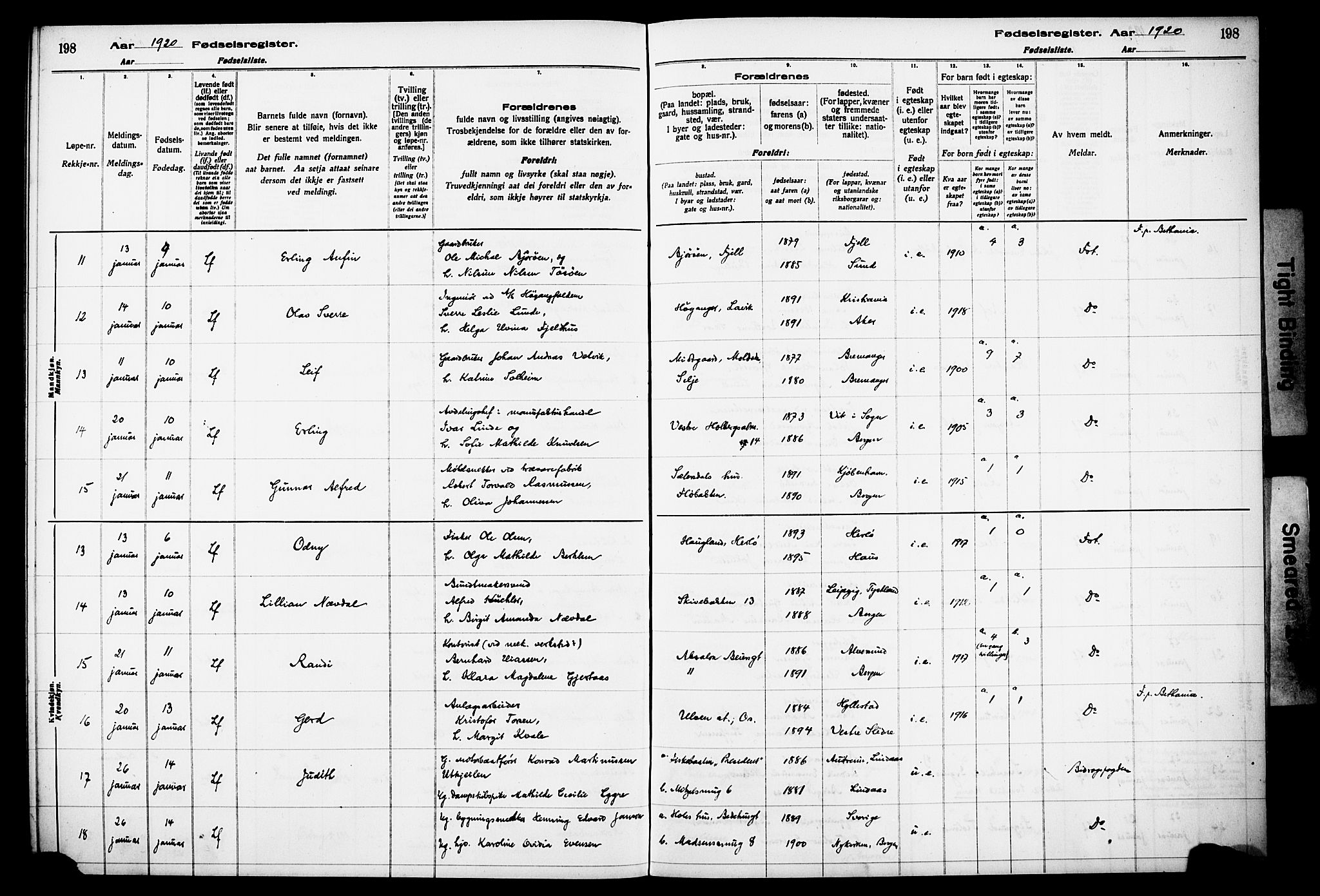 Kvinneklinikken, AV/SAB-A-76301/F/L0A01: Birth register no. A 1, 1916-1920, p. 198