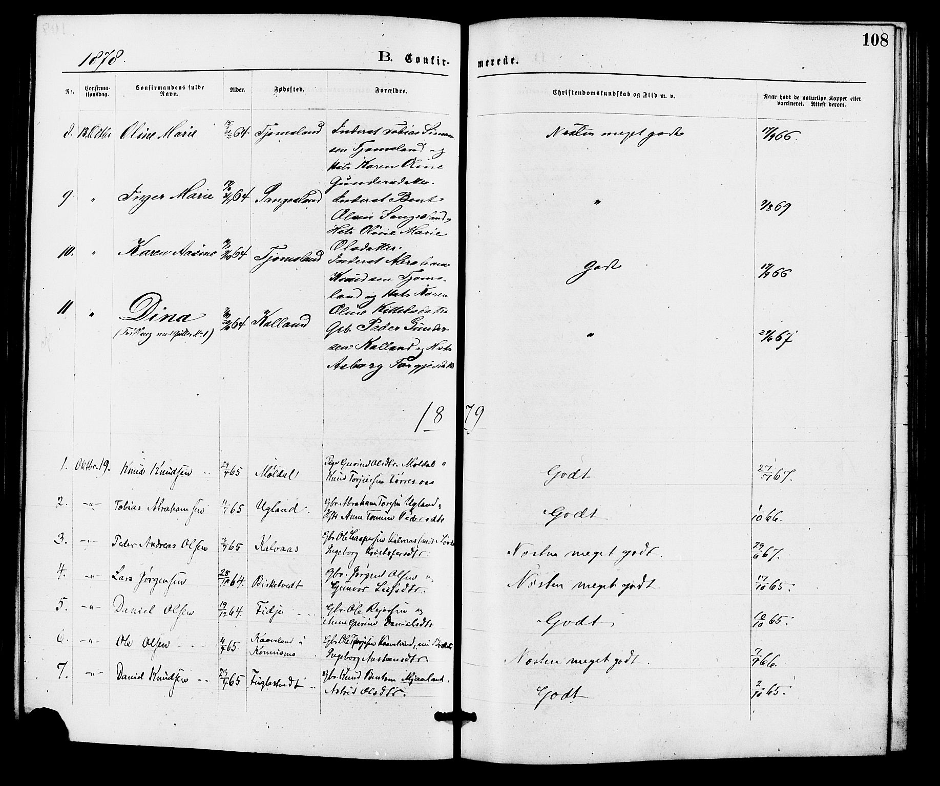 Holum sokneprestkontor, SAK/1111-0022/F/Fa/Fab/L0006: Parish register (official) no. A 6, 1875-1886, p. 108
