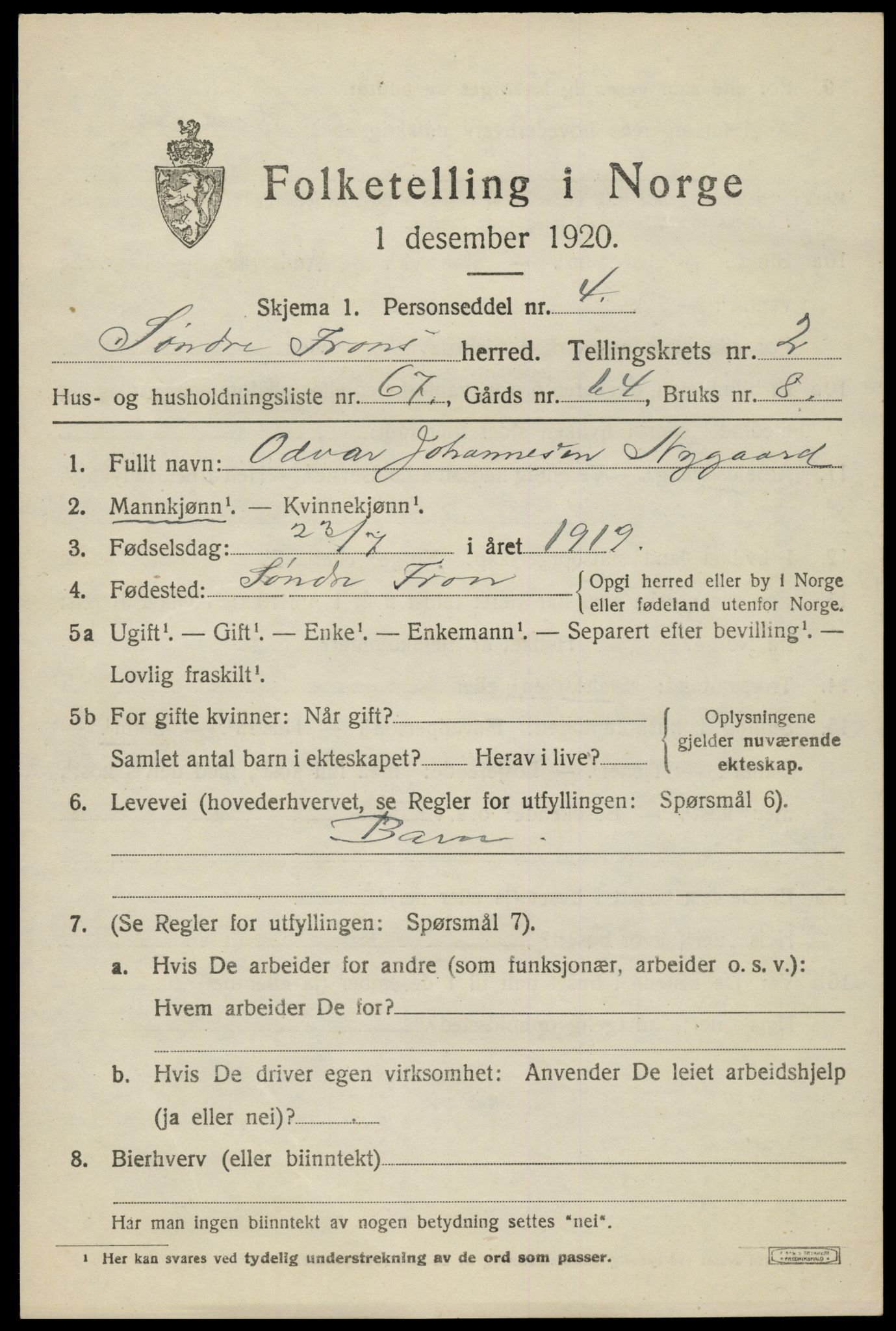 SAH, 1920 census for Sør-Fron, 1920, p. 2709