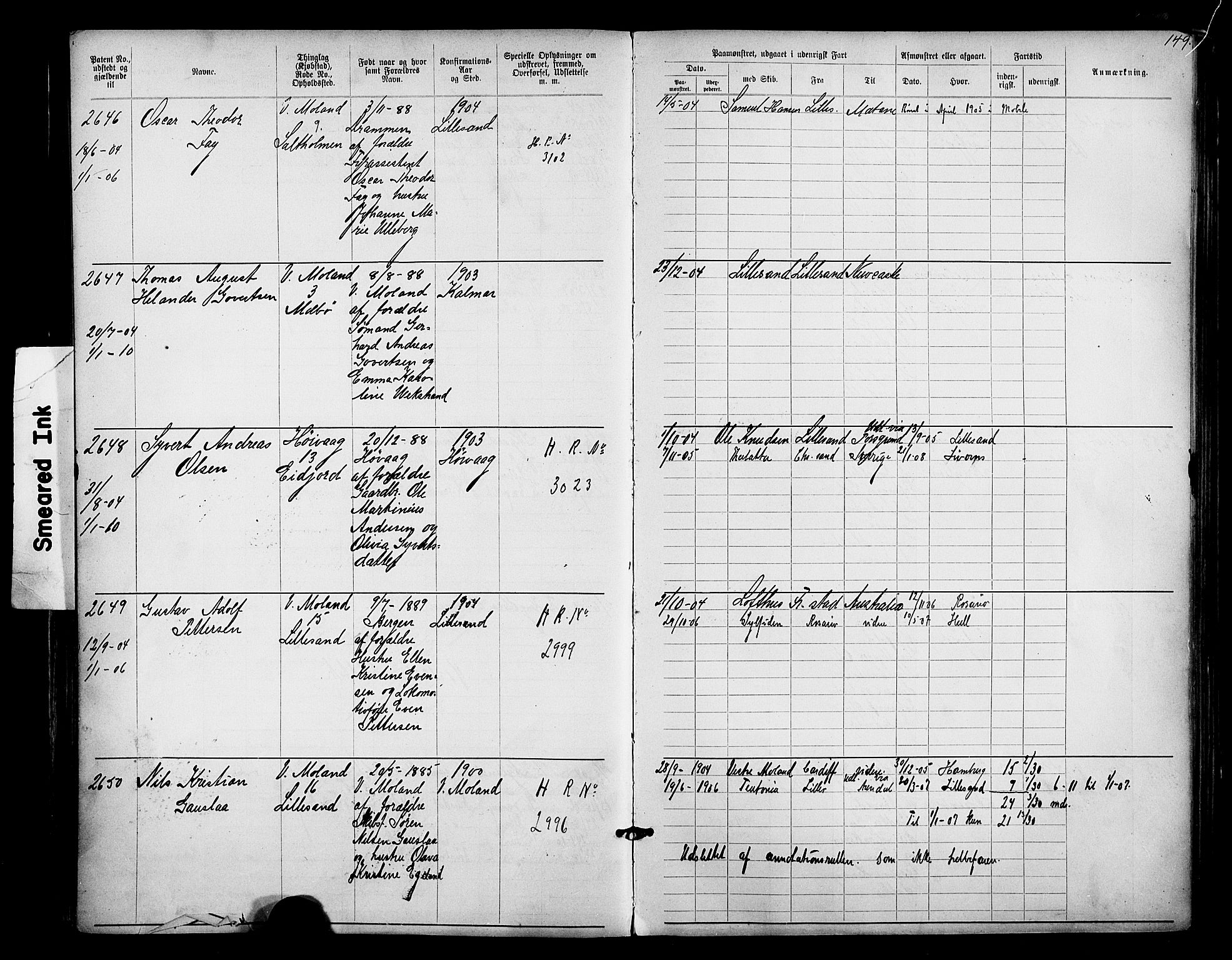 Lillesand mønstringskrets, SAK/2031-0014/F/Fa/L0003: Annotasjonsrulle nr 1911-3489 med register, W-9, 1891-1932, p. 178