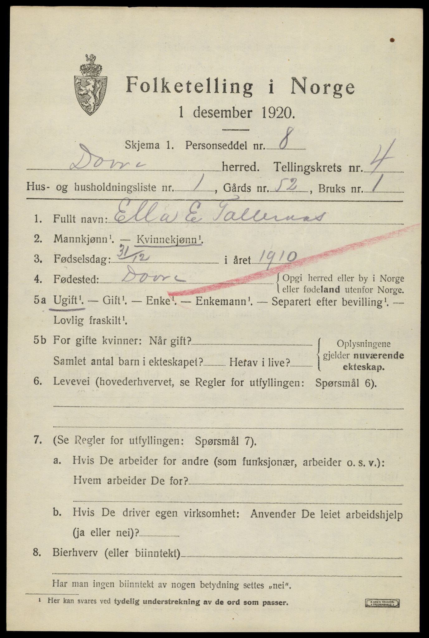 SAH, 1920 census for Dovre, 1920, p. 4556