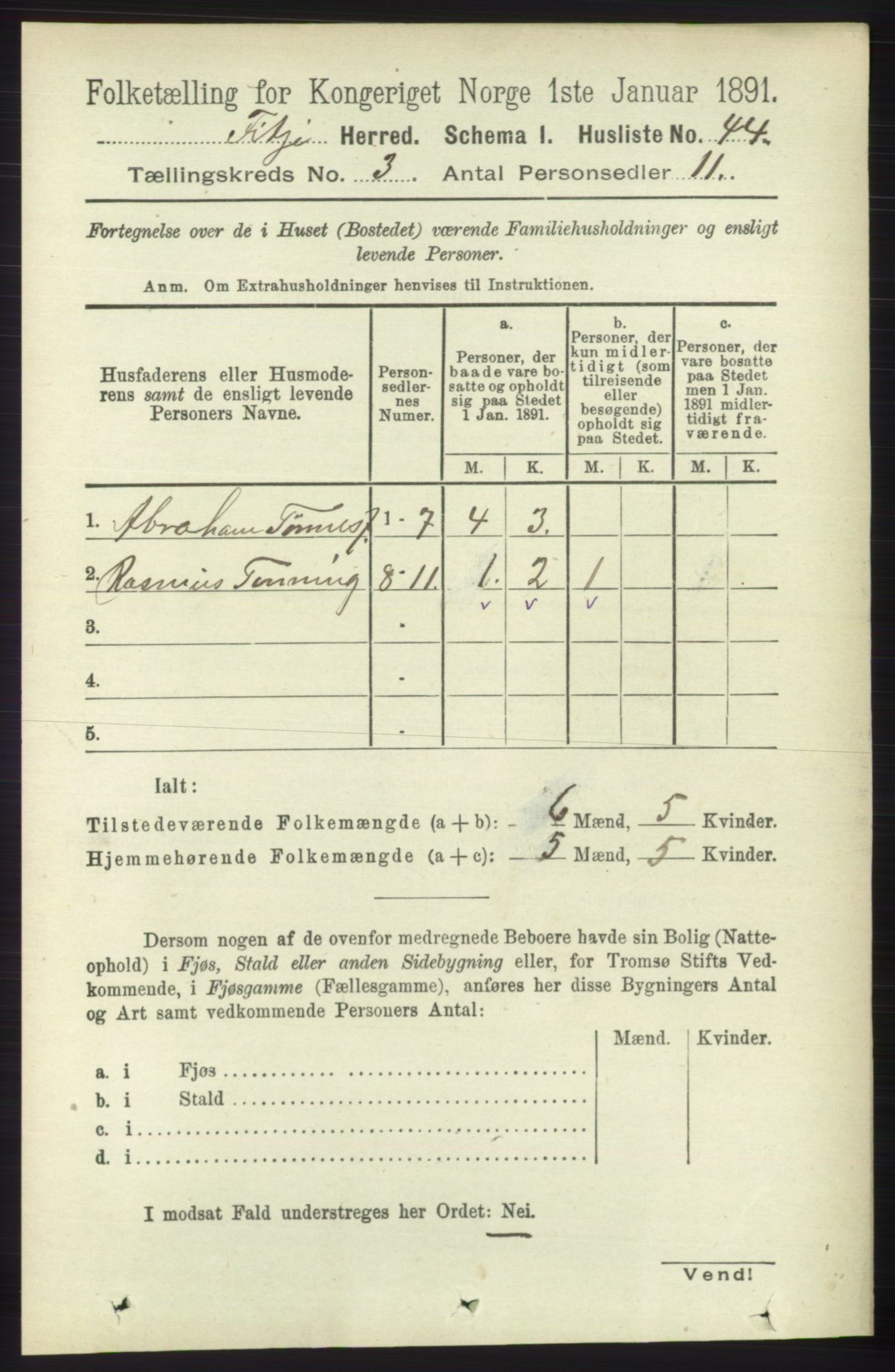 RA, 1891 census for 1222 Fitjar, 1891, p. 1013