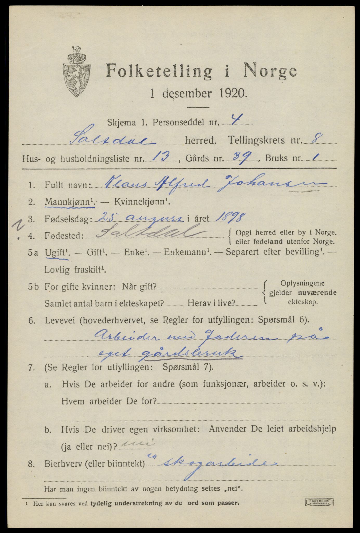 SAT, 1920 census for Saltdal, 1920, p. 8721