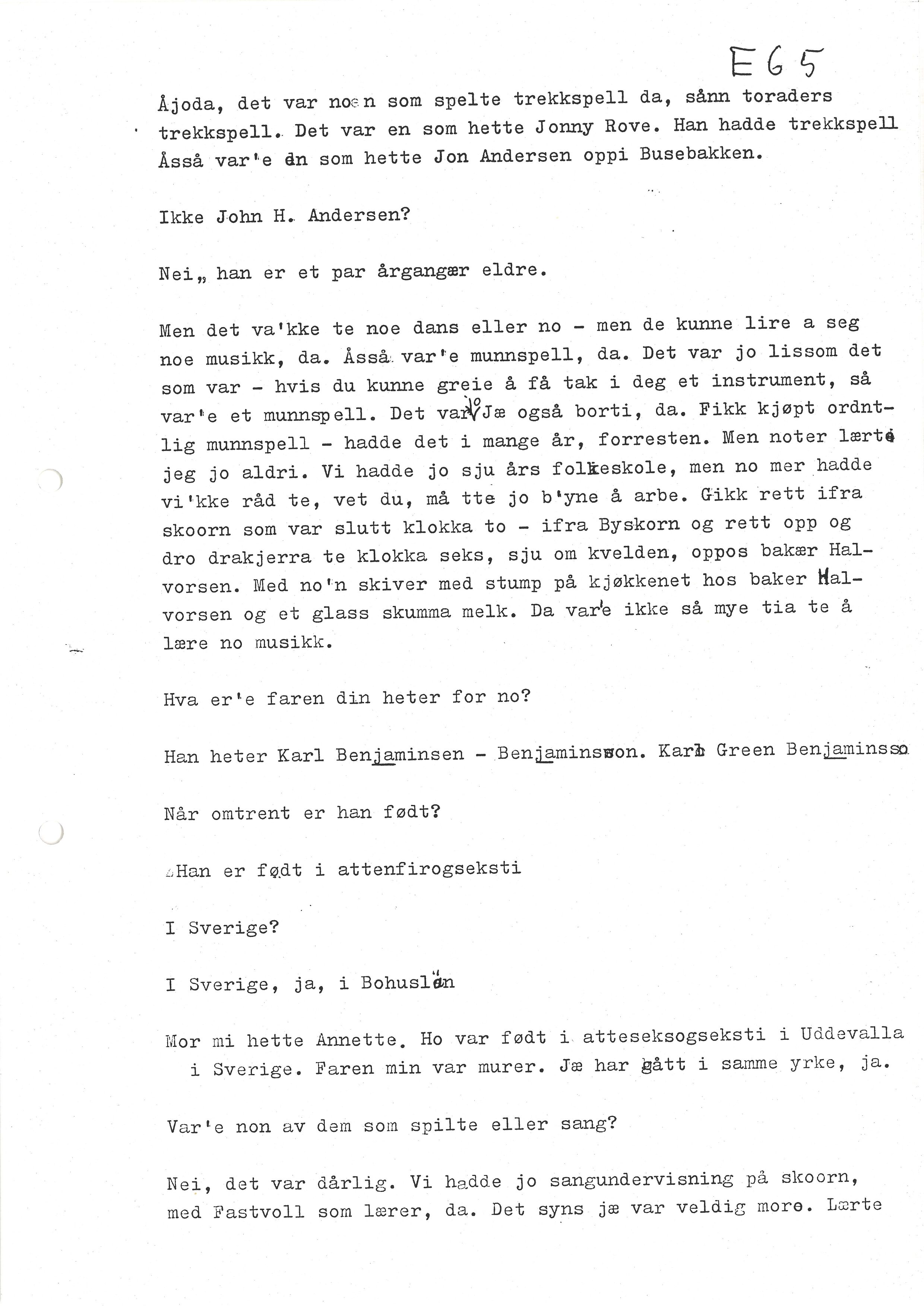 Sa 16 - Folkemusikk fra Vestfold, Gjerdesamlingen, VEMU/A-1868/I/L0001: Informantregister med intervjunedtegnelser, 1979-1986