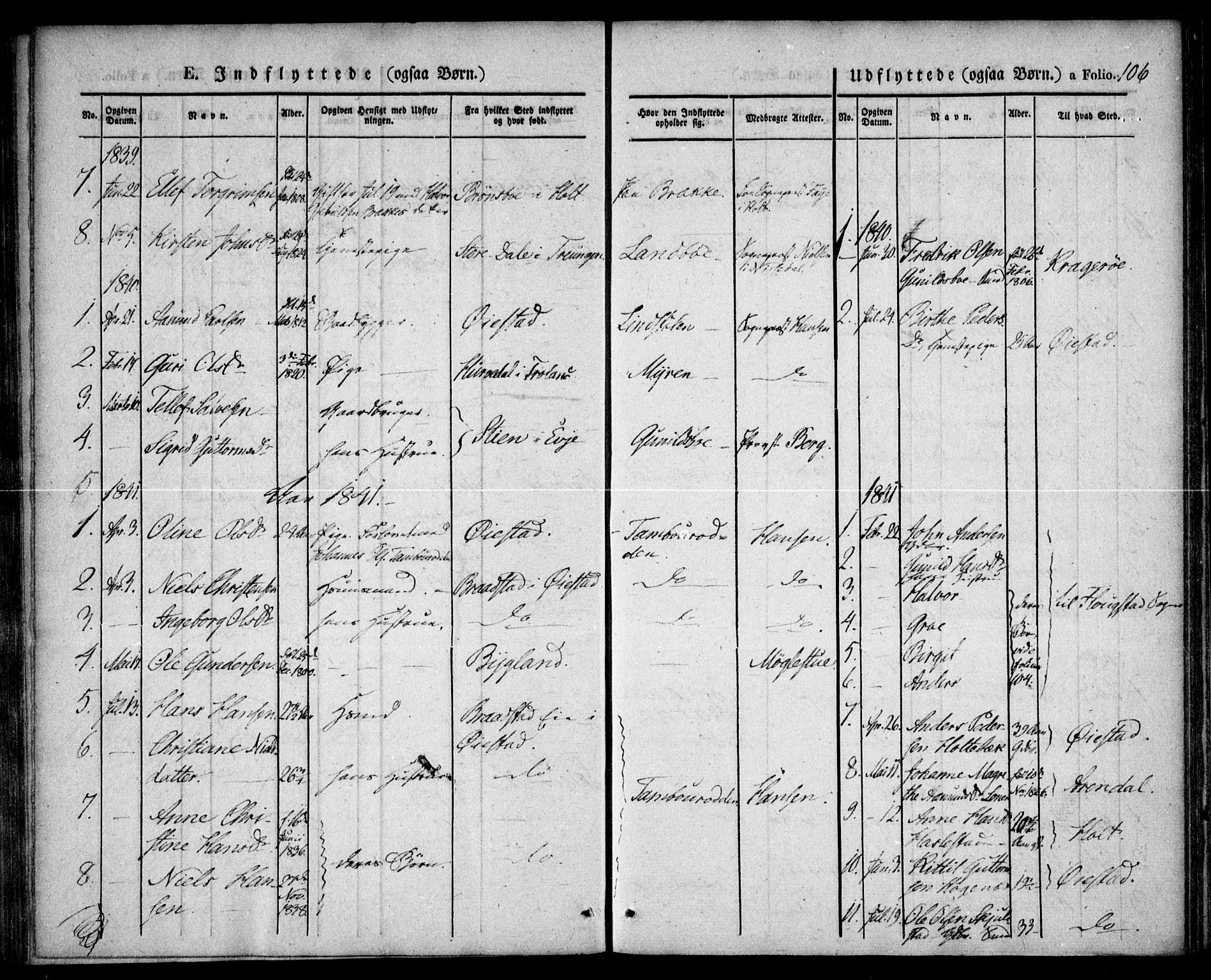 Austre Moland sokneprestkontor, SAK/1111-0001/F/Fa/Faa/L0006: Parish register (official) no. A 6, 1837-1846, p. 106