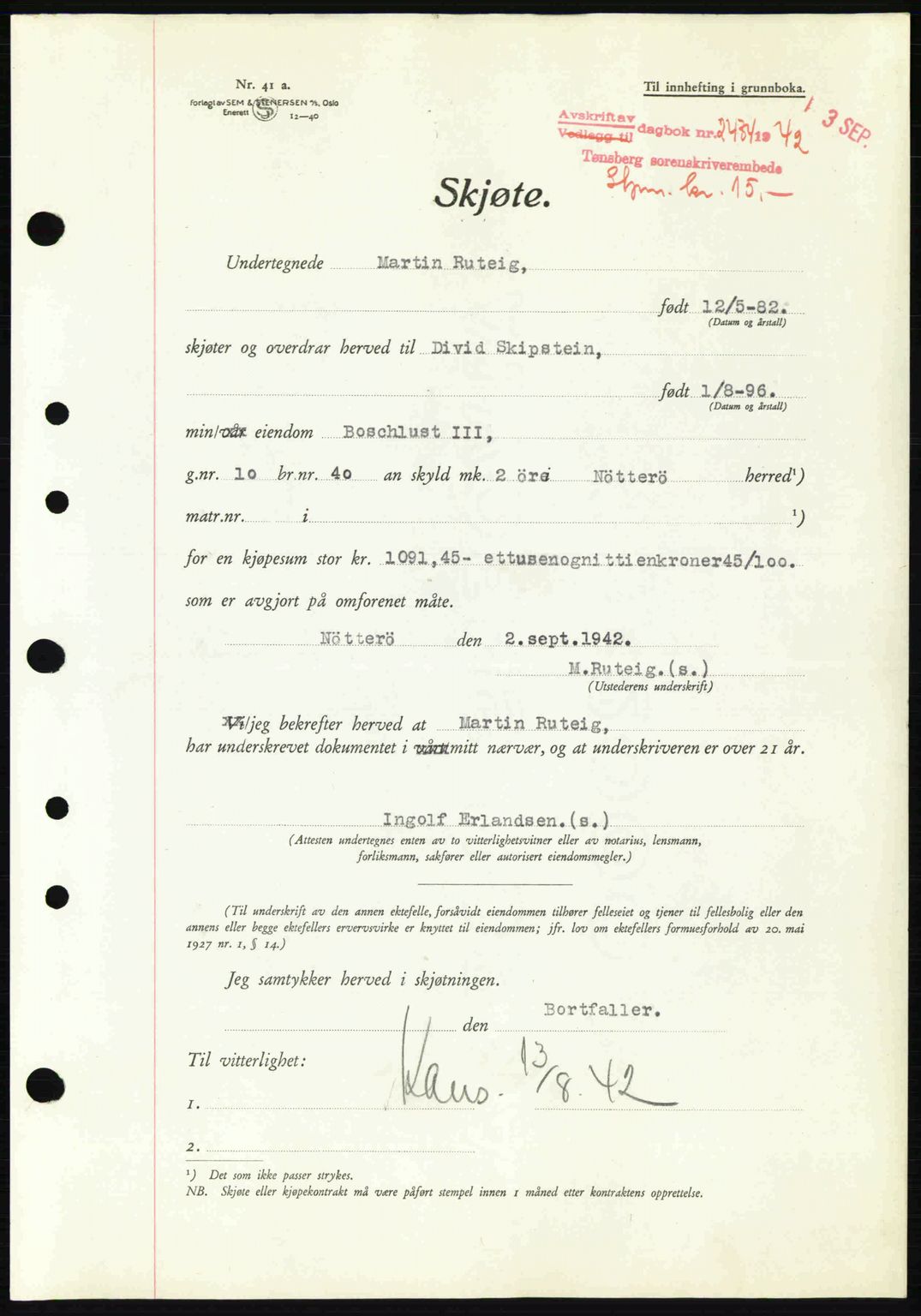 Tønsberg sorenskriveri, AV/SAKO-A-130/G/Ga/Gaa/L0012: Mortgage book no. A12, 1942-1943, Diary no: : 2484/1942