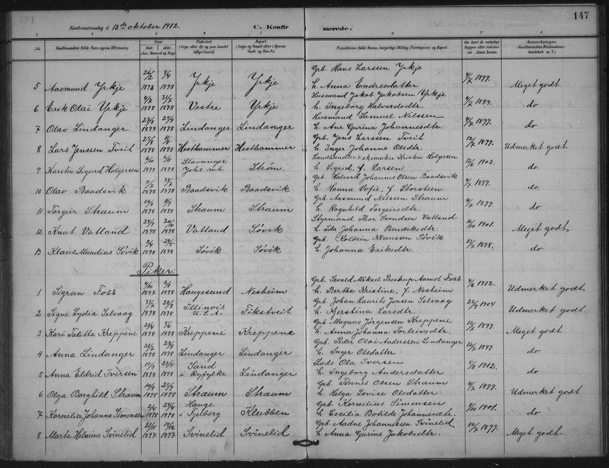 Skjold sokneprestkontor, AV/SAST-A-101847/H/Ha/Haa/L0011: Parish register (official) no. A 11, 1897-1914, p. 147