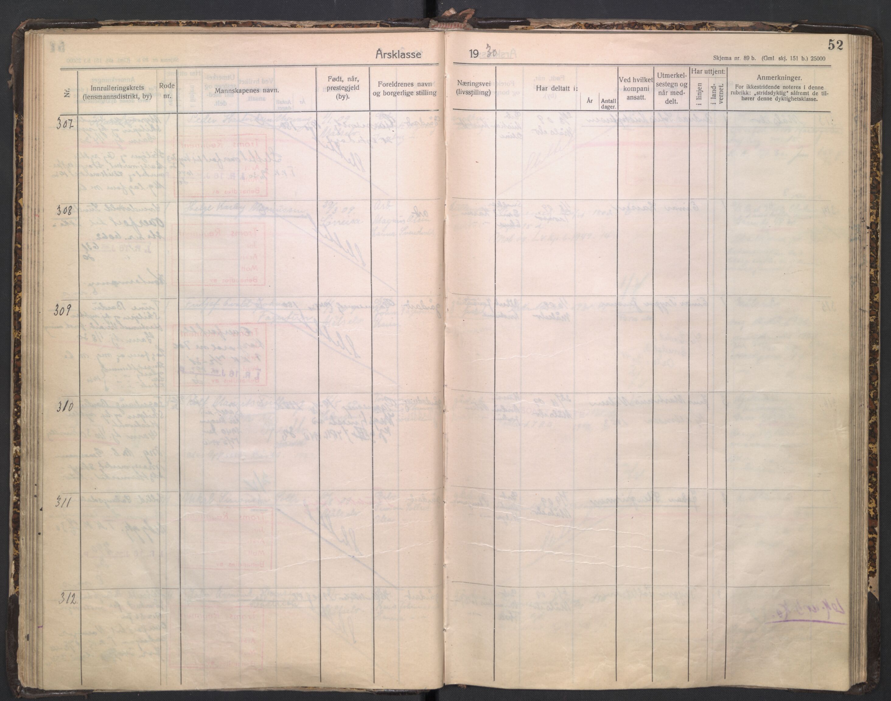 Forsvaret, Troms infanteriregiment nr. 16, AV/RA-RAFA-3146/P/Pa/L0005/0003: Ruller / Rulle for regimentets stridende menige mannskaper, årsklasse 1930, 1930, p. 52