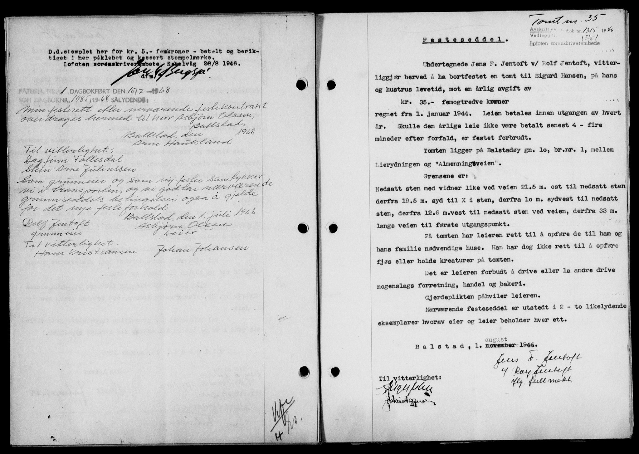 Lofoten sorenskriveri, SAT/A-0017/1/2/2C/L0014a: Mortgage book no. 14a, 1946-1946, Diary no: : 1315/1946