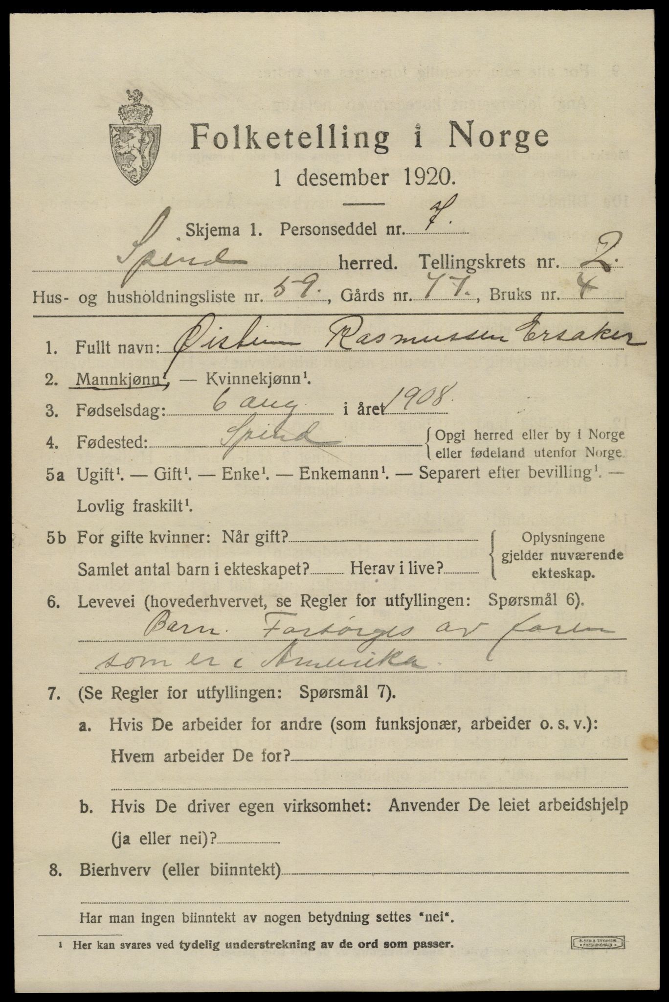 SAK, 1920 census for Spind, 1920, p. 1625