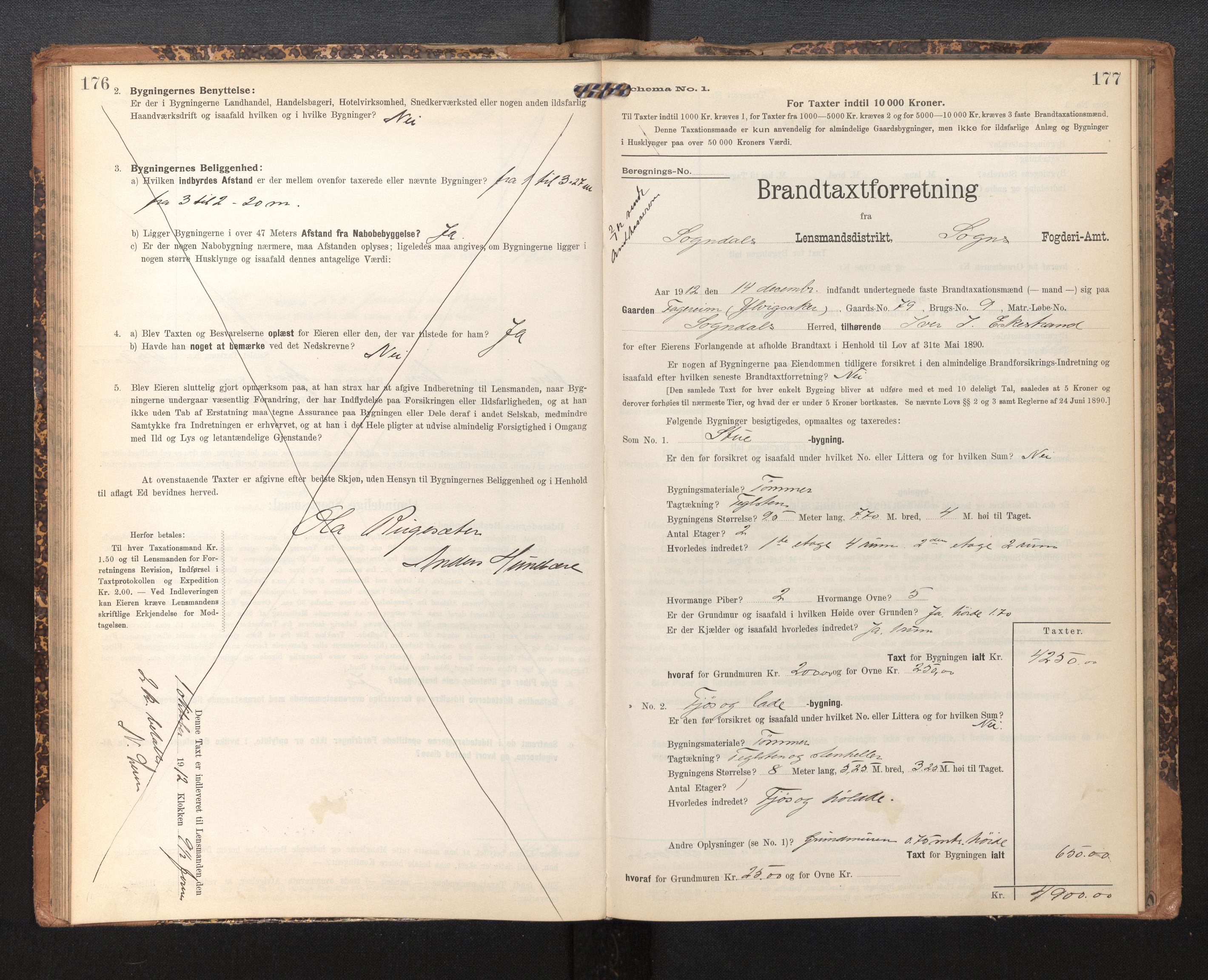 Lensmannen i Sogndal, AV/SAB-A-29901/0012/L0010: Branntakstprotokoll, skjematakst, 1907-1914, p. 176-177