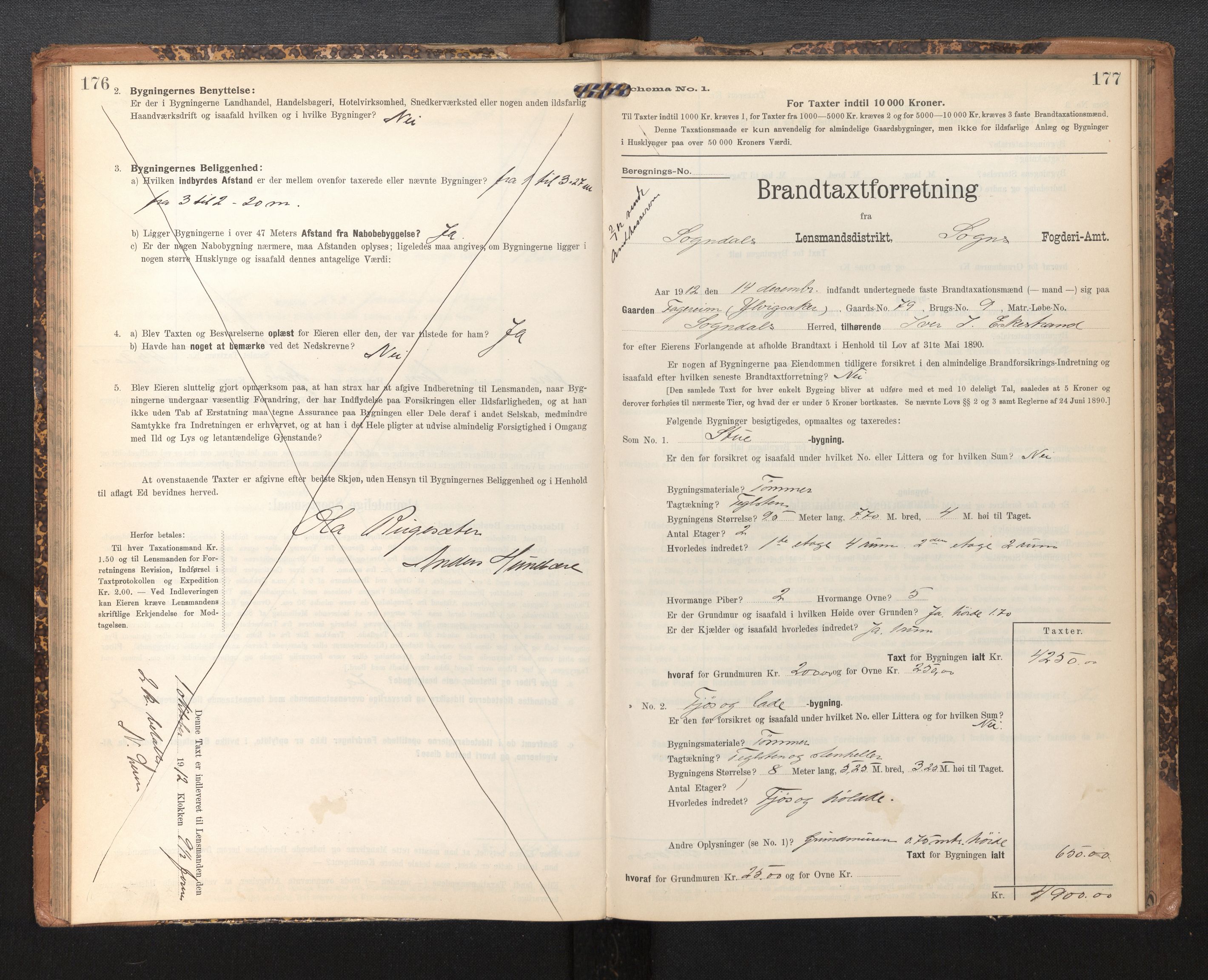 Lensmannen i Sogndal, AV/SAB-A-29901/0012/L0010: Branntakstprotokoll, skjematakst, 1907-1914, p. 176-177