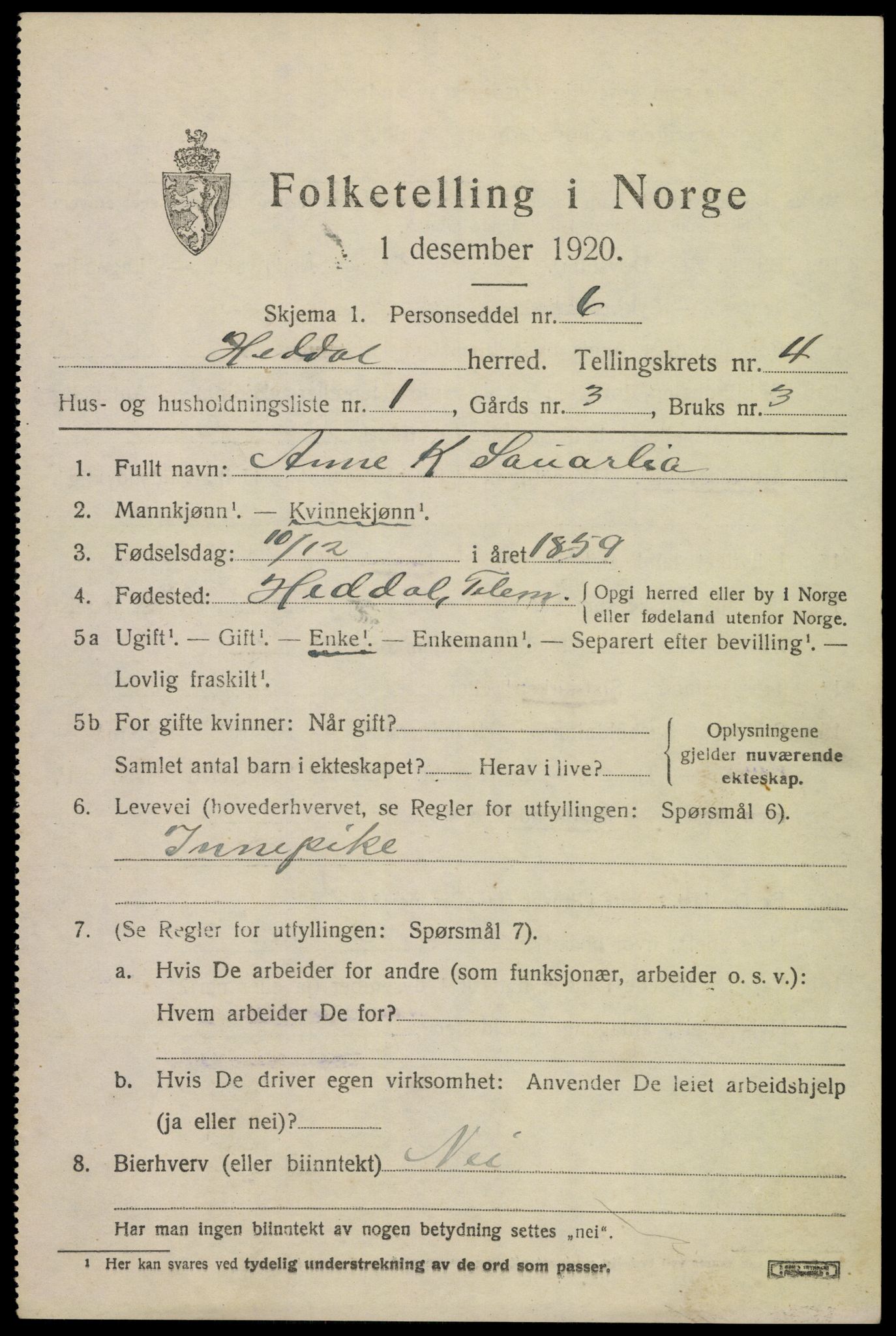 SAKO, 1920 census for Heddal, 1920, p. 4458