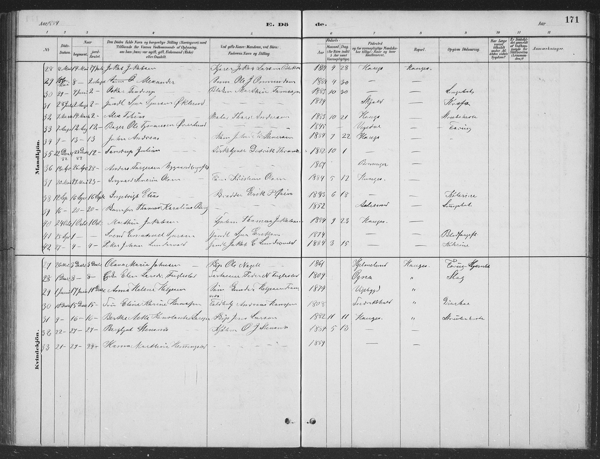 Haugesund sokneprestkontor, SAST/A -101863/H/Ha/Hab/L0002: Parish register (copy) no. B 2, 1881-1894, p. 171