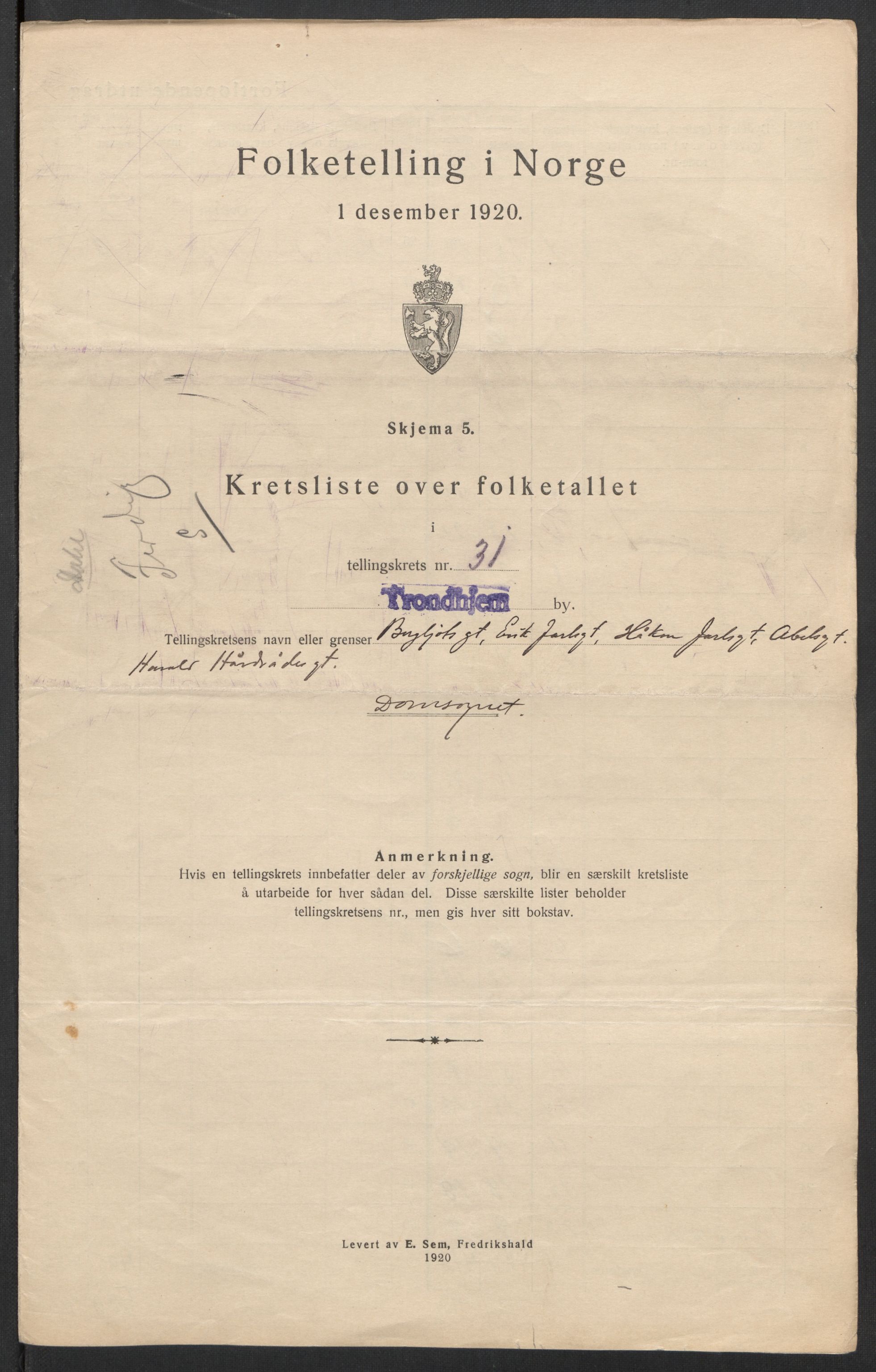 SAT, 1920 census for Trondheim, 1920, p. 107