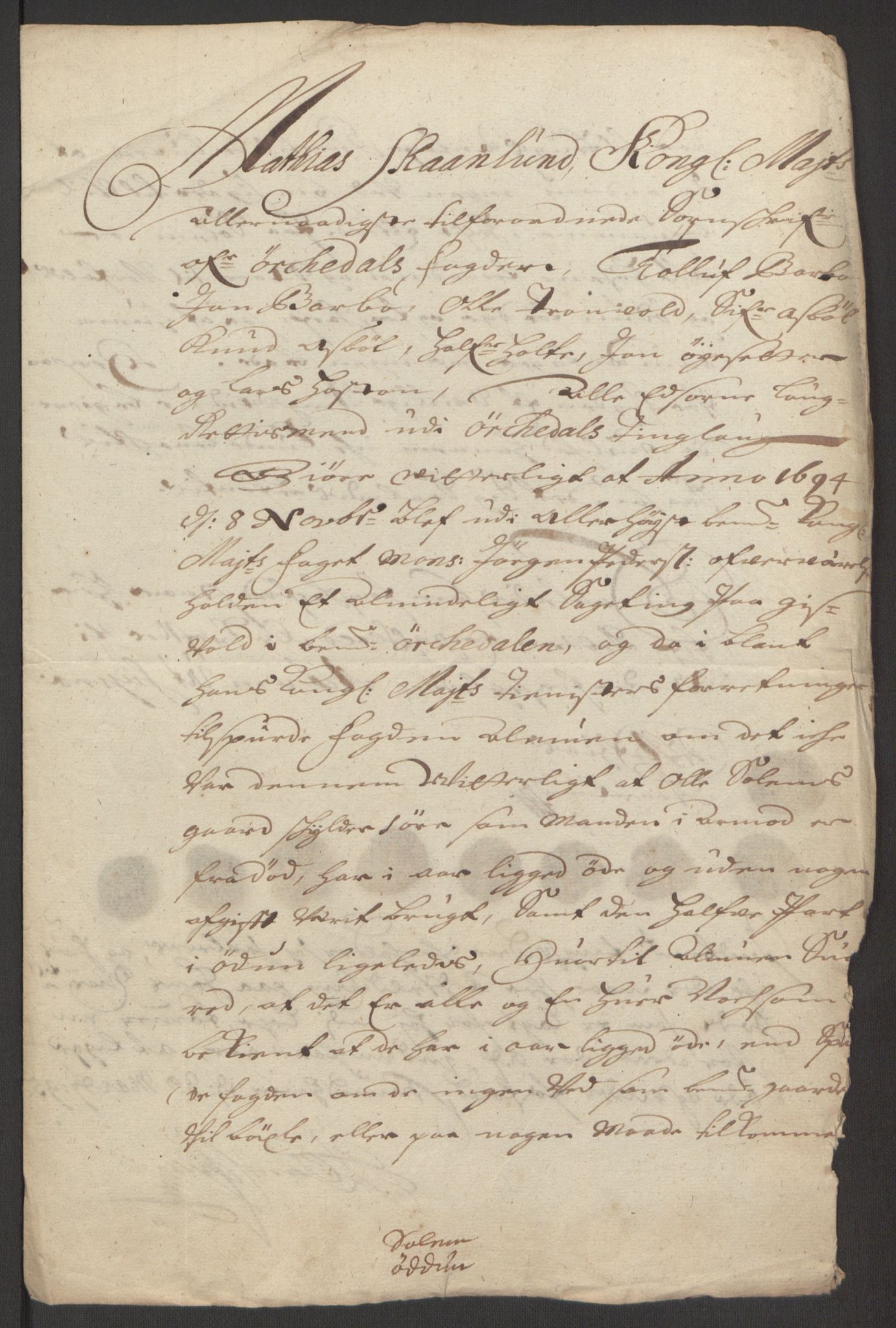 Rentekammeret inntil 1814, Reviderte regnskaper, Fogderegnskap, AV/RA-EA-4092/R60/L3944: Fogderegnskap Orkdal og Gauldal, 1694, p. 195