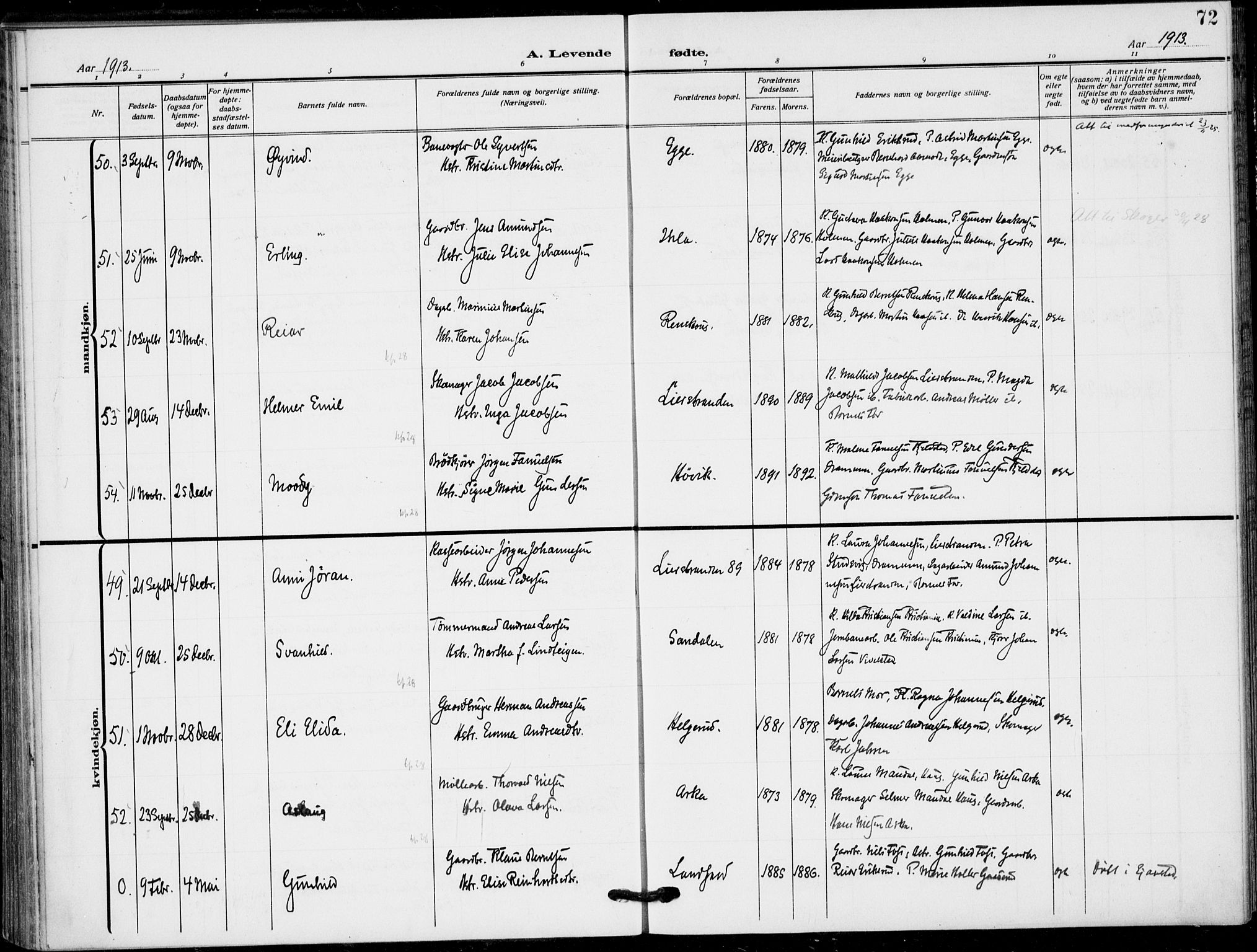 Lier kirkebøker, SAKO/A-230/F/Fa/L0018: Parish register (official) no. I 18, 1909-1917, p. 72